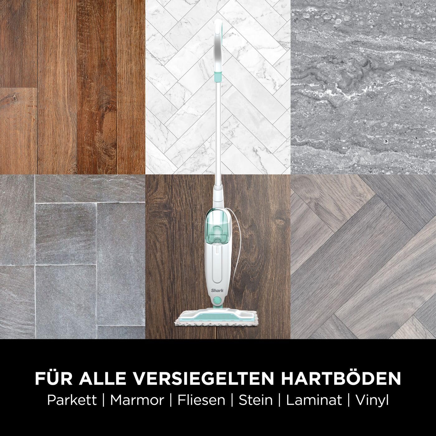 Shark Dampfreiniger, leichter Dampfreiniger für Hartböden mit 2 maschinenwaschbaren Reinigungspads und Füllflasche 375ml, 5.5 m Kabel, 30 Sekunden Aufheizzeit, Weiß & Grün S1000EU