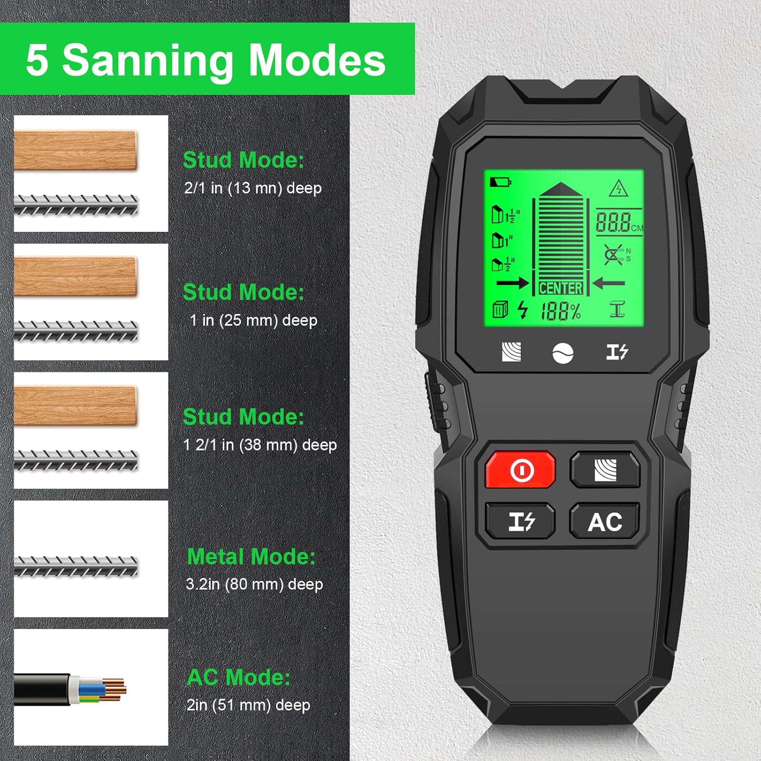 Stud Finder Wall Scanner, 7in1 Stud Detector with LED Display, Precise Multifunctional Stud Sensor, Edge Center Beam Finder, Battery Operated Edge Center Wall Wood Metal Stud Detector (Black)