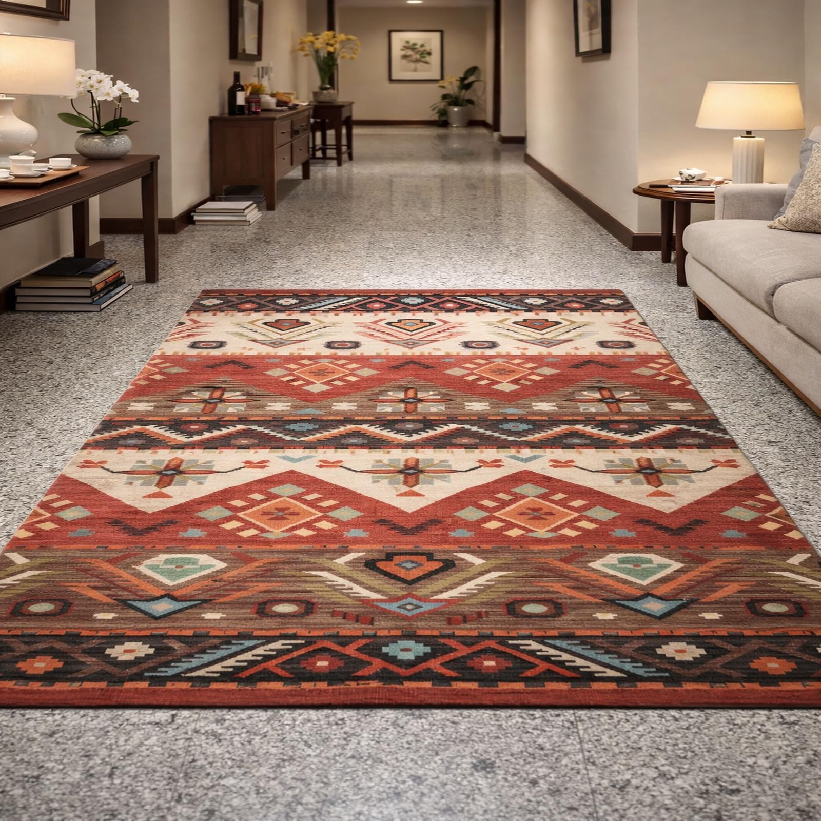 Alfombra de pelo corto geométrica tradicional roja lavadora 80x200