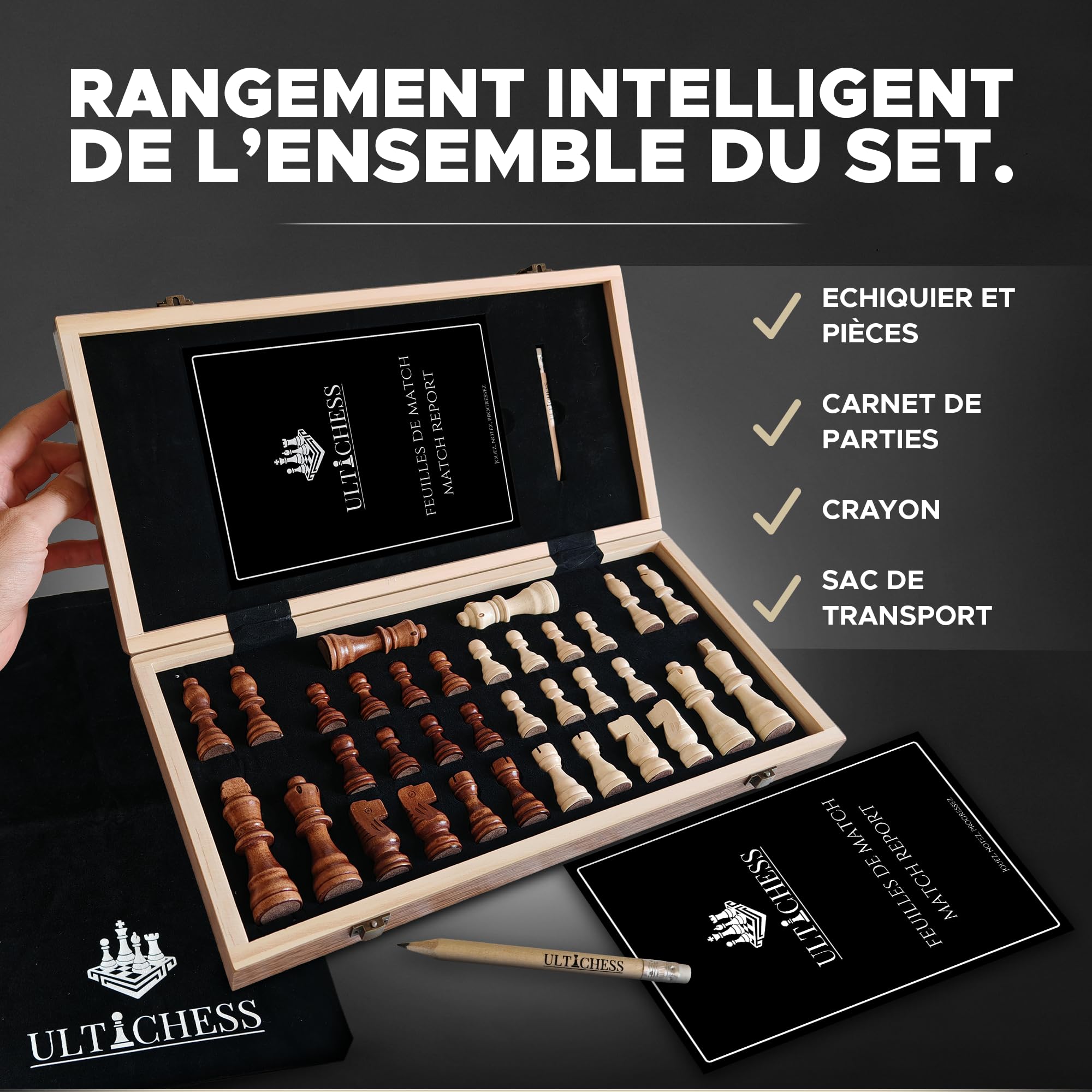 Echiquier Bois 39x39 cm Pliable | Jeu d’Échecs Magnétique et Jeu echec Pliable | Échiquier avec Sac & carnet de Partie – Cadeau éducatif, Jeu echec Adulte Enfant