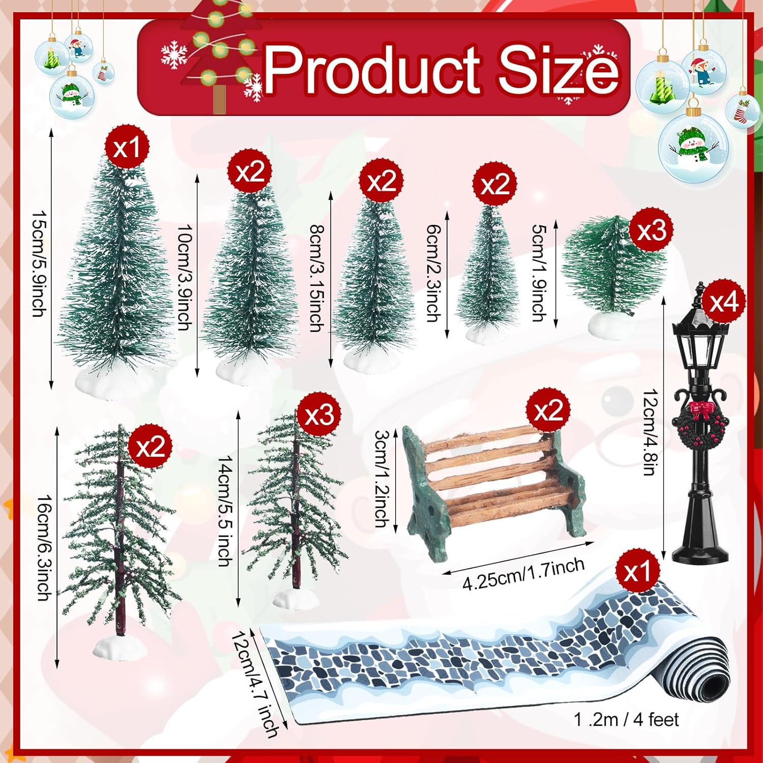 22 Pcs Christmas Village Sets Accessories Miniature Pine Trees Christmas Village Frosted Christmas Tree Figurine Streetlight Lamps Village Street Mat Park Bench Seat for Xmas Winter Decor - Image 3