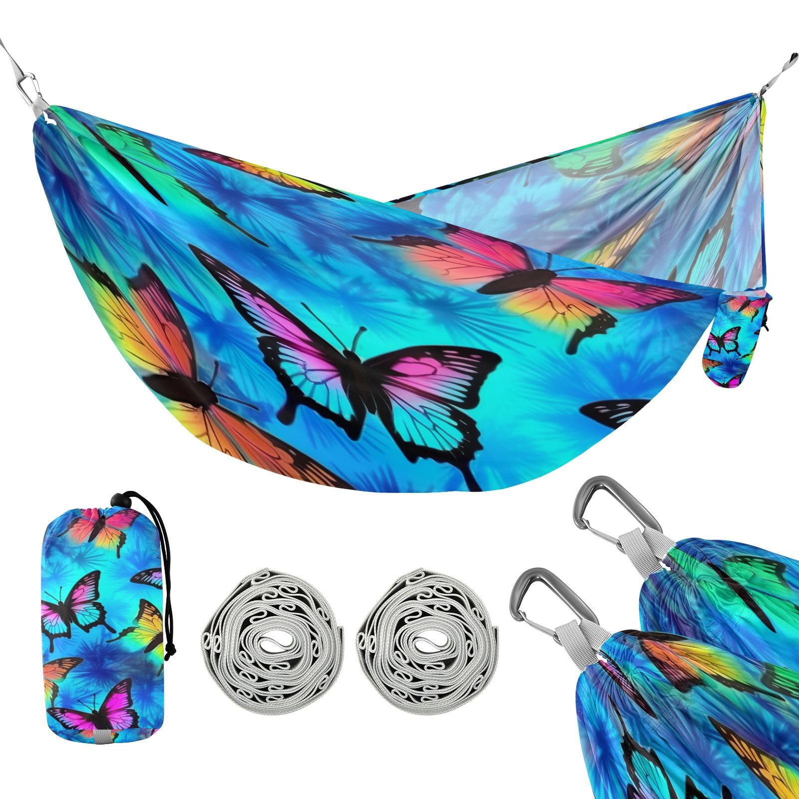 SDMKA Colorful Butterflies Camping Hammock, 330 lbs with 2 Tree Straps, Carry Bag, Single Portable Hammock for Outdoor/Indoor, Hiking, Beach, Backpacking, Travel