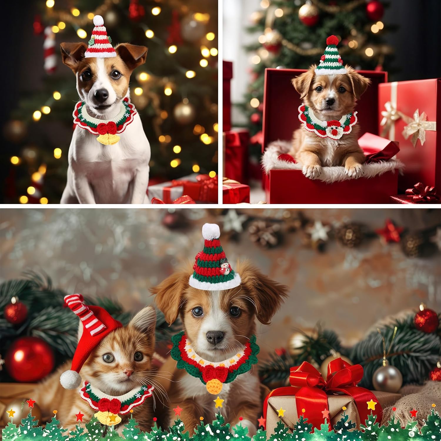 Coume 6 Pcs Cat Christmas Costume Suit Dog Outfit Christmas Tree Hat Cat Santa Collars with Xmas Tree Snowman Candy Cane Charms Adjustable Knitted Clothes for Pet Dogs Cats Holiday Party Small Medium