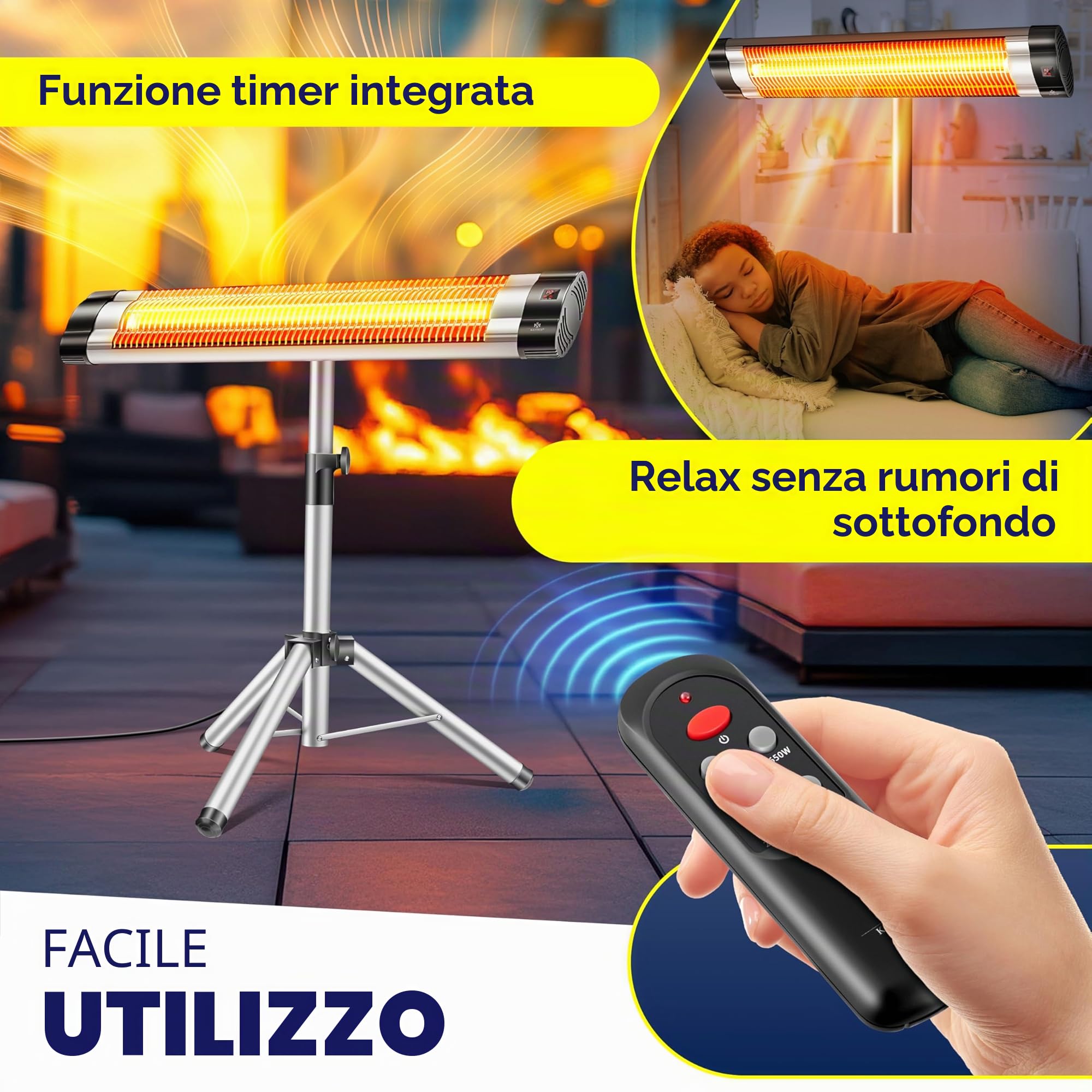 Kesser® Radiatore a raggi infrarossi Riscaldatore a raggi infrarossi Radiatore per terrazza 2500W con telecomando incluso, con custodia protettiva, altezza regolabile, supporto telescopico, Radiatore