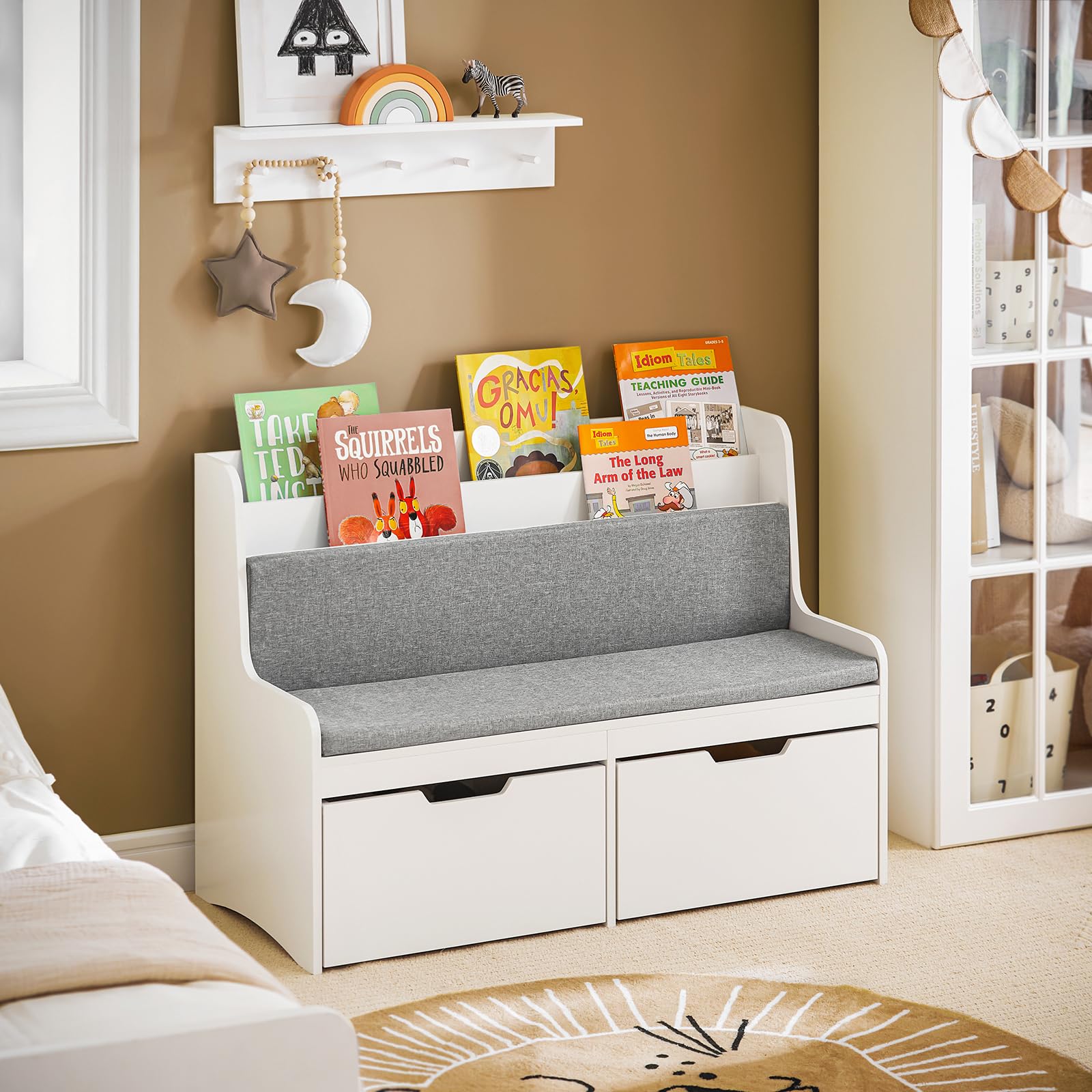 SoBuy Coffre de Rangement Enfants, Banc de Rangement pour Enfants avec Bibliothèque, 2 Tiroirs sur roulettes et Coussin d'assise, 100 x 45 x 70 cm, Blanc, KMB66-W