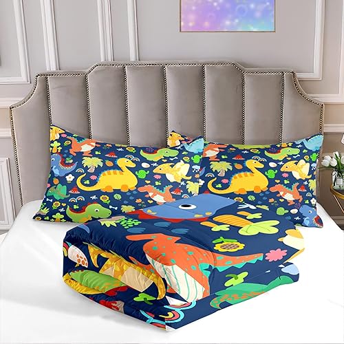 Miniatura 3 de Juego de edredón de dinosaurio Queen, juego de ropa de cama de dinosaurio Queen para habitación de niños y adolescentes, juego de edredón azul de