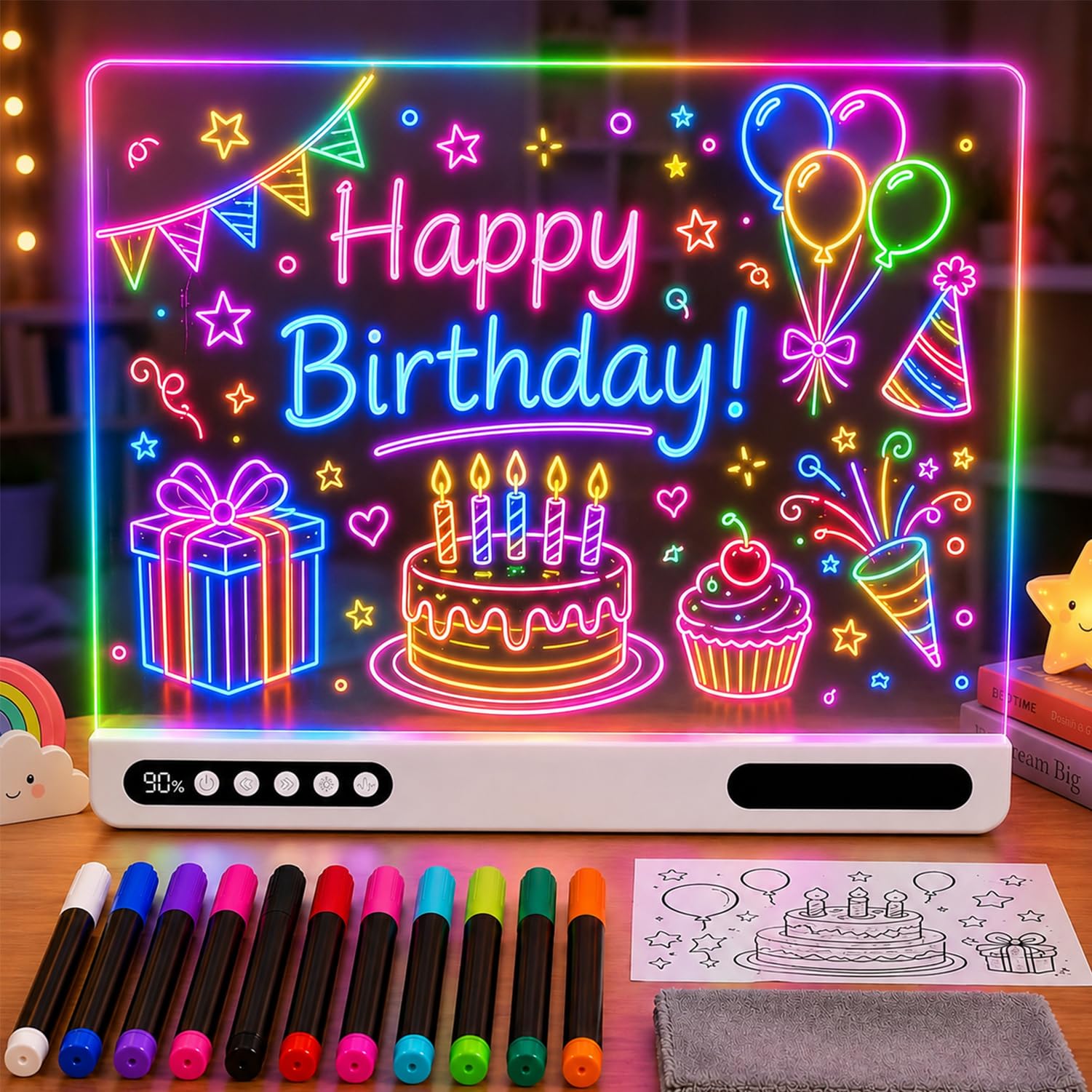Rechargeable LED Drawing Board for Kids, 16 Inch Light Up Dry Erase Board with 12 Markers, 7 Colors &amp; 10 Modes, Glow Doodle Board with Tracing Book &amp; Stand, Gifts for Girls Boys Ages 4-8