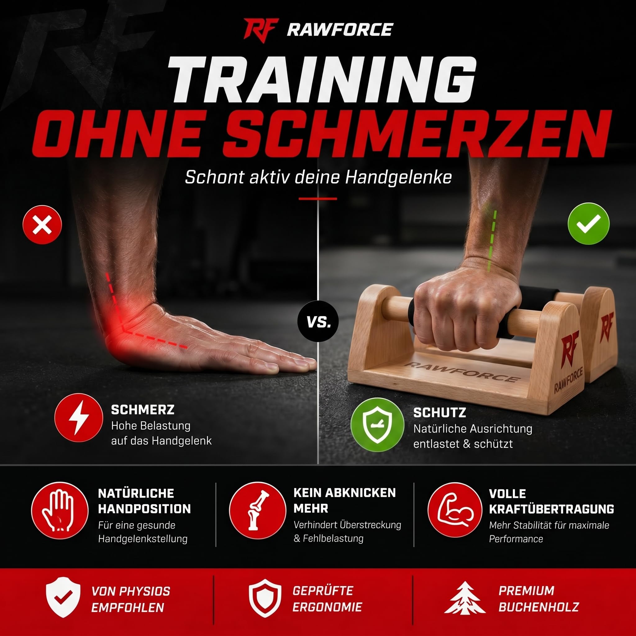 RawForce 2x Liegestützgriffe aus Holz - Joint-Friendly & Rutschfest - Parallettes Push Up Bar - Handstand Griffe - Liegestützbrett - Liegestütze & Calisthenics Equipment - Von Profi Entwickelt