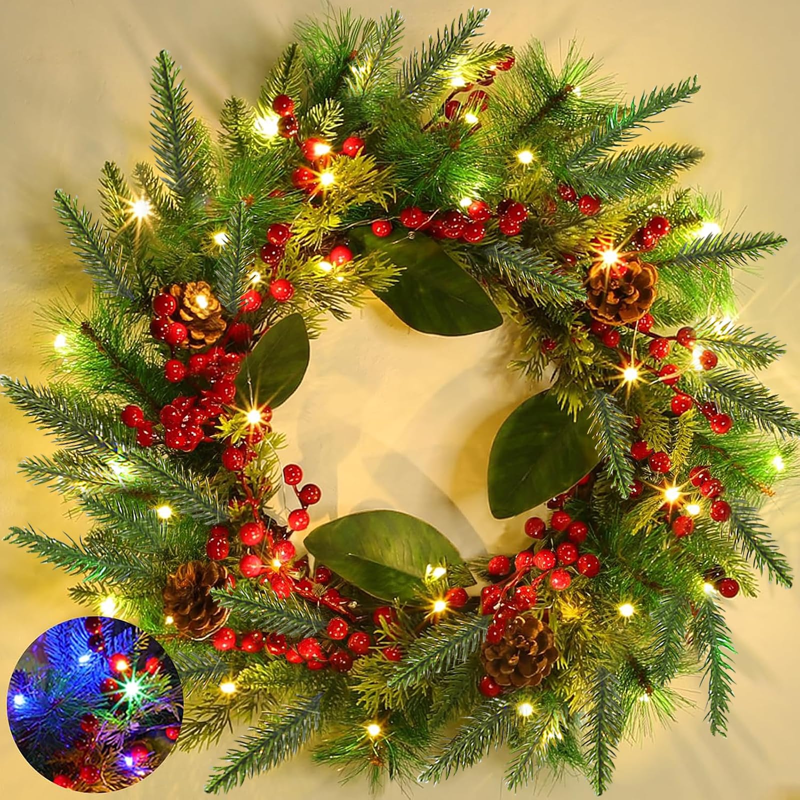 Amazon.com: 20 Inch Pre-Lit Christmas Wreath, Lighted Christmas