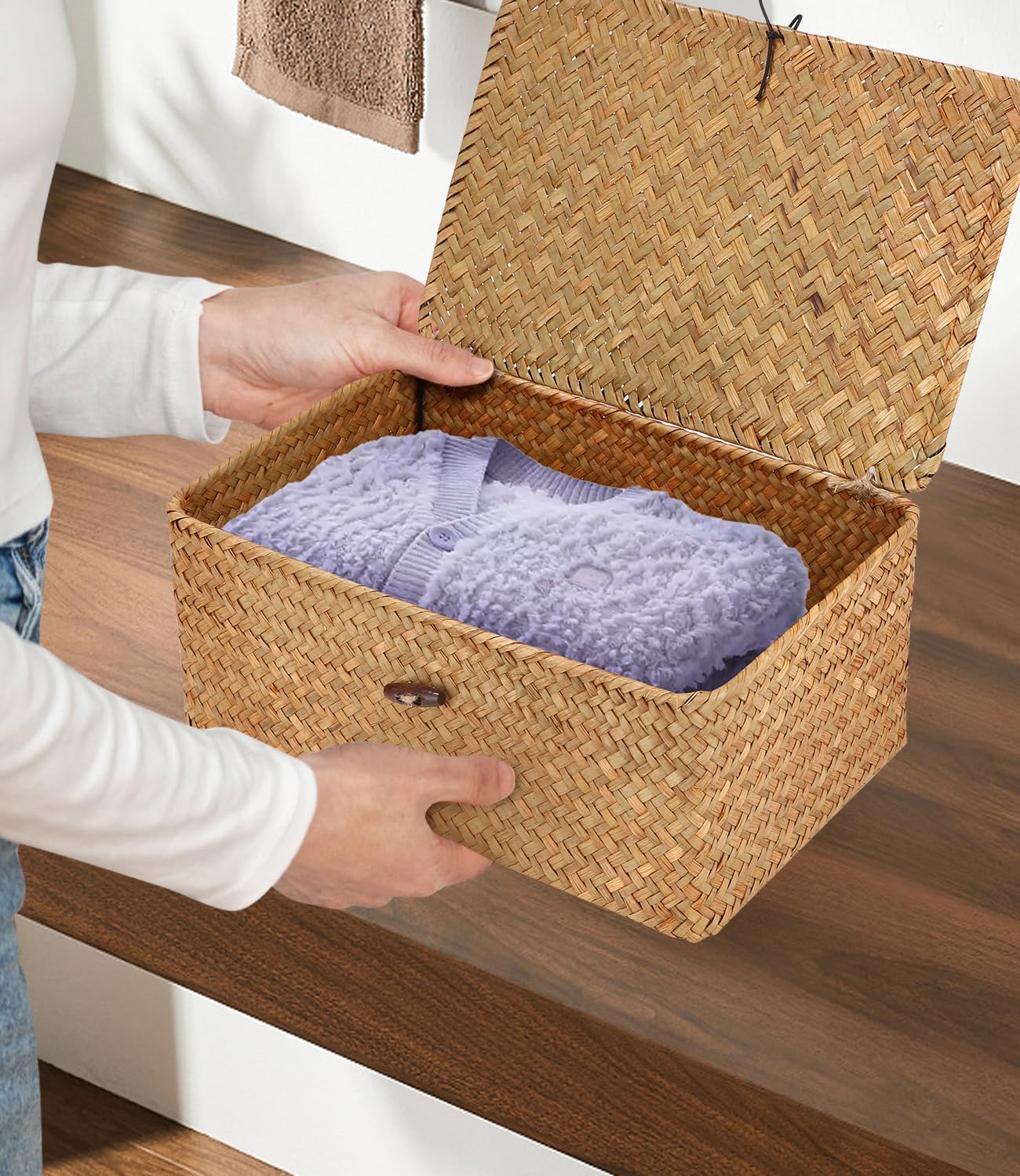 Cesto Portaoggetti in Rattan Intrecciato,Cesta in Vimini di Seagrass