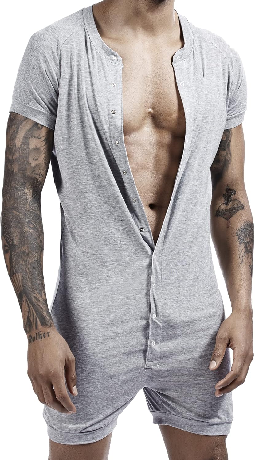 Men's Short Sleeve Pajamas Sexy Sleepwear Jumpsuit Stretchy Silky Elastic Home Casual Sleepwear