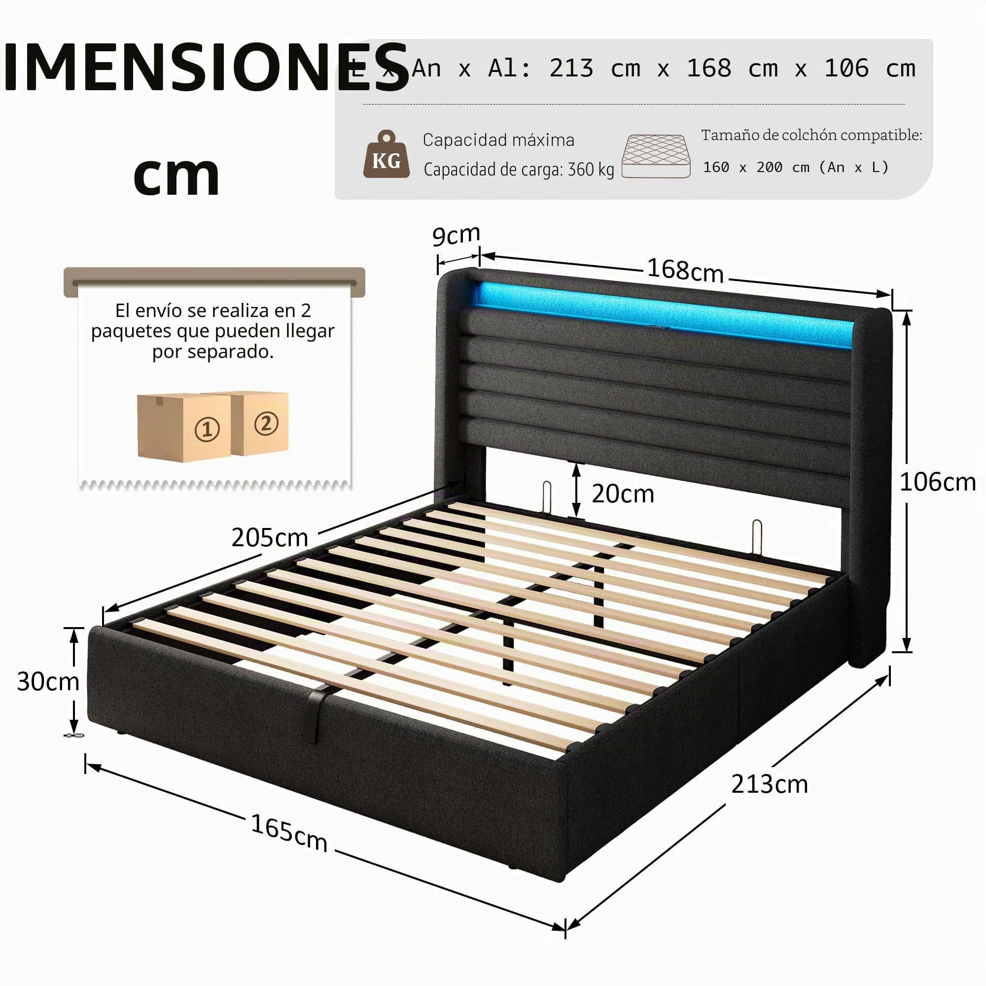 FEONASE Cama 160x200 cm con Almacenamiento, Tapizada, LED y Carga, Cabecero Hidráulico de Lino