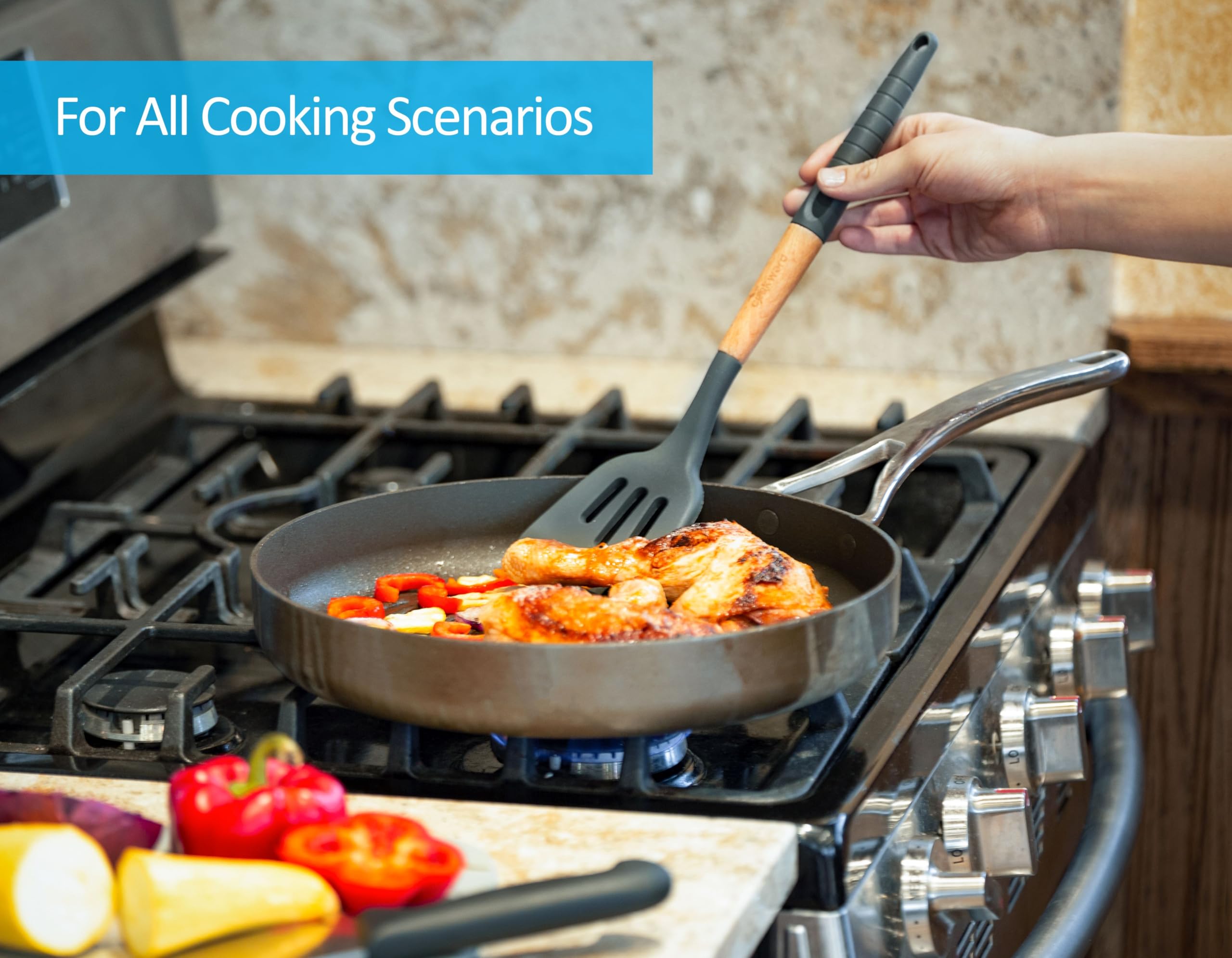 Set di utensili da cucina in silicone (6 pezzi): utensili da cucina in legno naturale, ecologici, senza BPA, antigraffio e antiaderenti, facili da impugnare