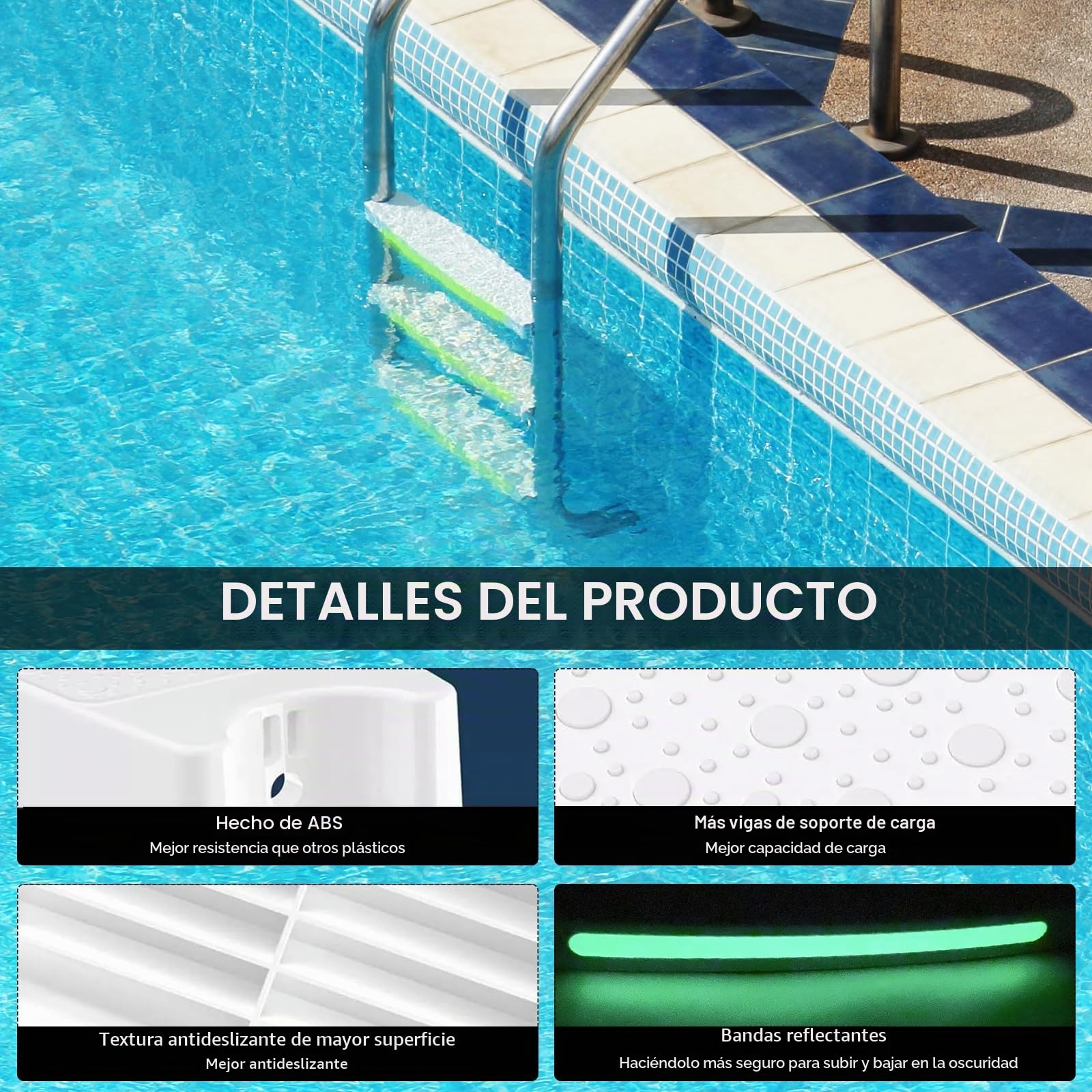 Escalera de piscina, repuesto para escalera de piscina con tiras reflectantes, nivel de repuesto para peldaños rectos para piscina, nivel de repuesto para escalones de piscina, antideslizante para