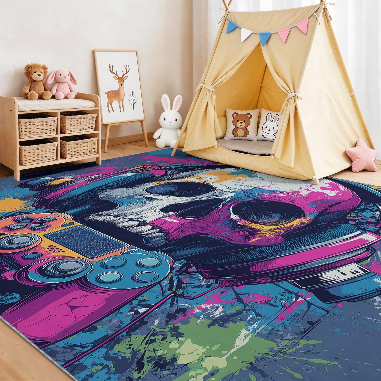 Muzyczna czaszka i kontroler dywanik do pokoju dziecięcego antypoślizgowy spód do salonu, sypialni i pokoju dziecięcego nowoczesny dywan 140 x 200 cm, kolorowy