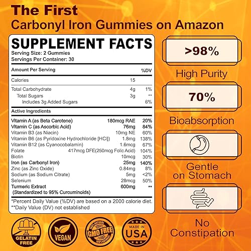 Miniatura 2 de Suplemento de hierro para mujeres y hombres, gomitas de hierro carbonilo de 25 mg con cúrcuma de 600 mg, 98% de alta pureza, 70% de bioabsorción,