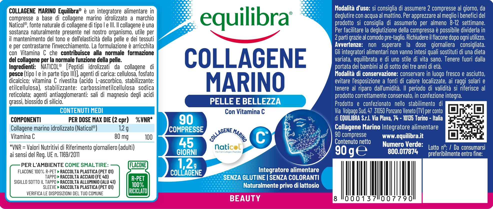 Equilibra, Collagene Marino Idrolizzato Naticol, 90 Compresse, 1200 mg Collagene per Dose, 80 mg Vitamina C per Dose, Collagene Tipo I e III, Mantenimento del Tono e dell'Elasticità della Pelle