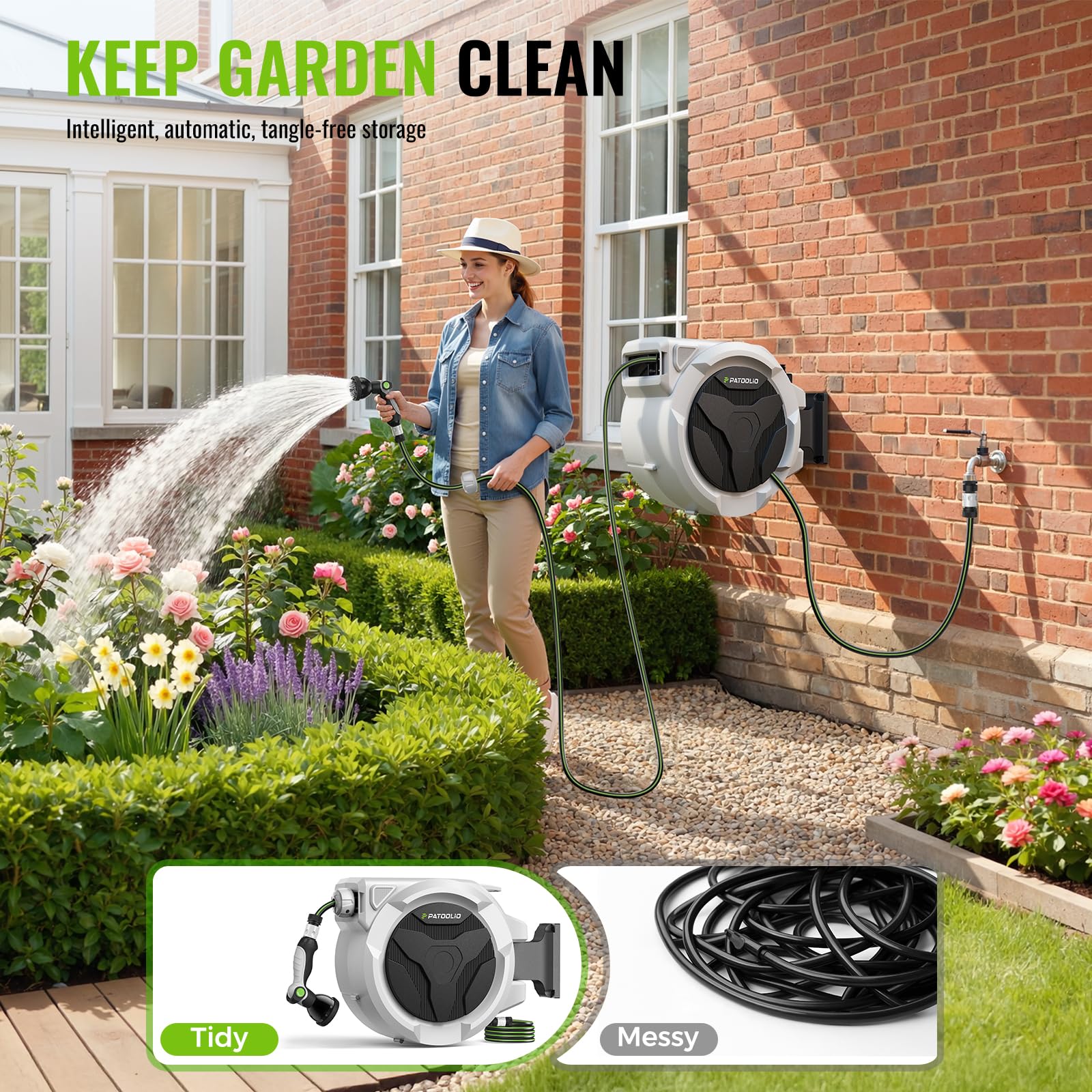 Hose Reel, PATOOLIO Auto Reel 30+2m Wall-Mounted, Retractable Garden Hose Reels, Auto Rewind, Self-Locking System, 180° Pivot Swivelling, 10 Function Spray Gun, Black - 2