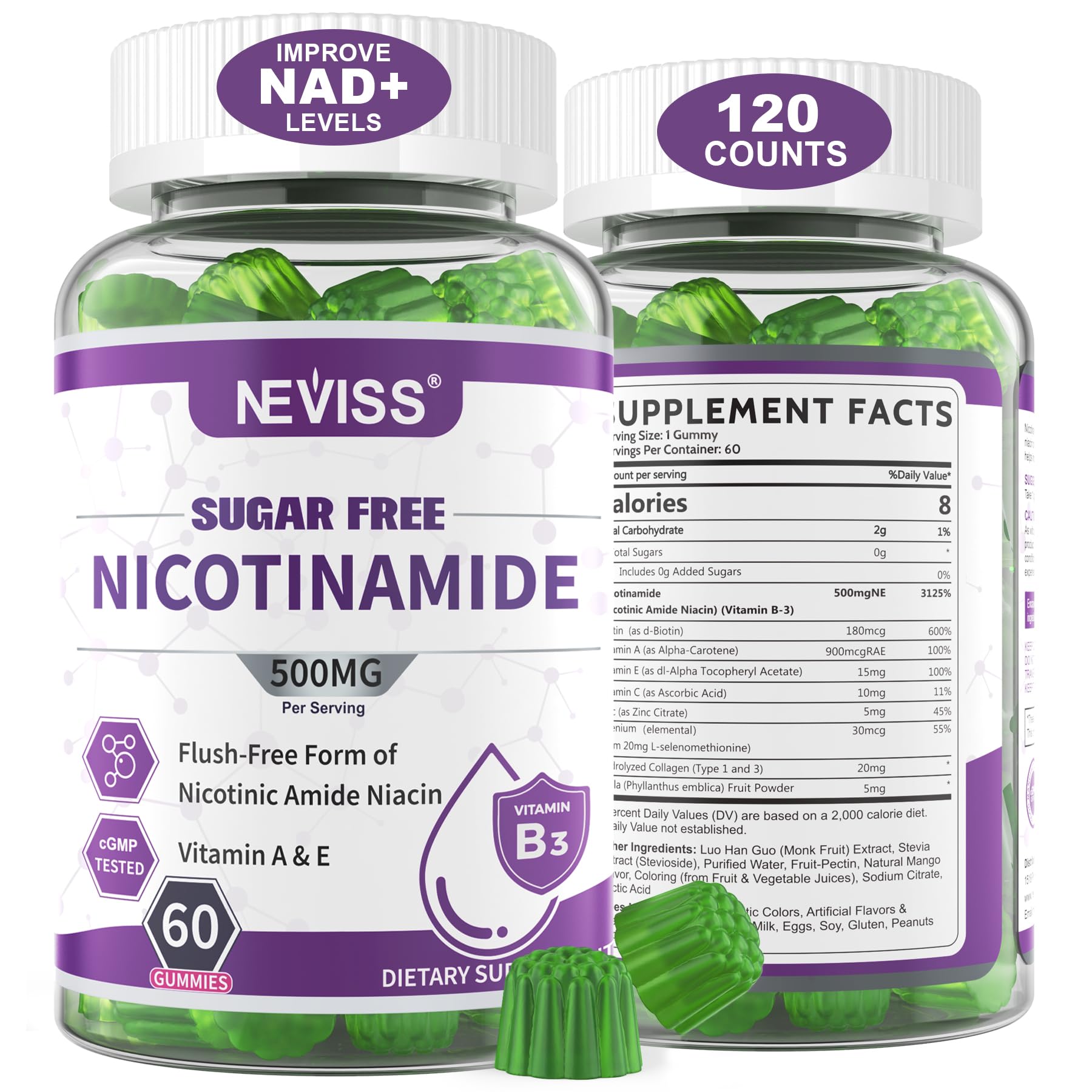 Nicotinamide 500mg Gummies, (Flush Free Niacin) Vitamin B3 Supplement,120Ct 60 Count (Pack of 2)