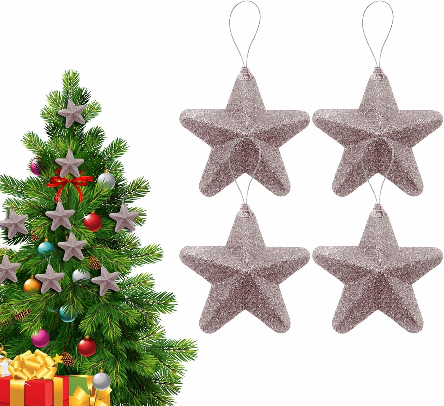 Ma Nasir Rose Gold Jewelled Star Decoration Glittery Christmas Tree Hanging Ornament With Attached String Sparkly Star Bauble For Festive Decor (4Pcs)
