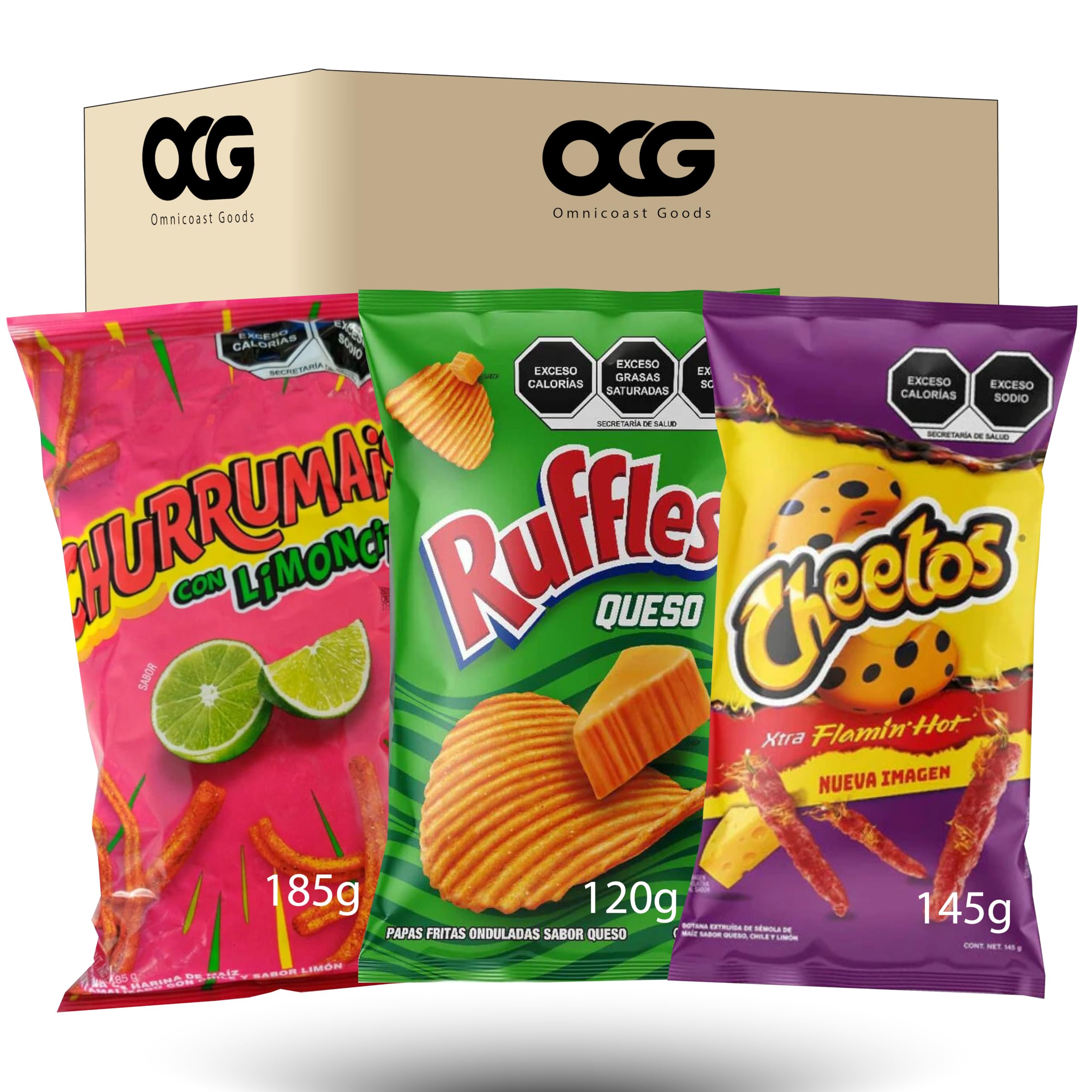 Mexican Chips Variety Pack (3-Count) | Cheetos Flamin Hot | Botanas Mexicanas | Ruffles Queso 120g | Churrumais 185g | Cheetos Xtra Flamin Hot 145g | bundled by OMNICOAST GOODS, OCG