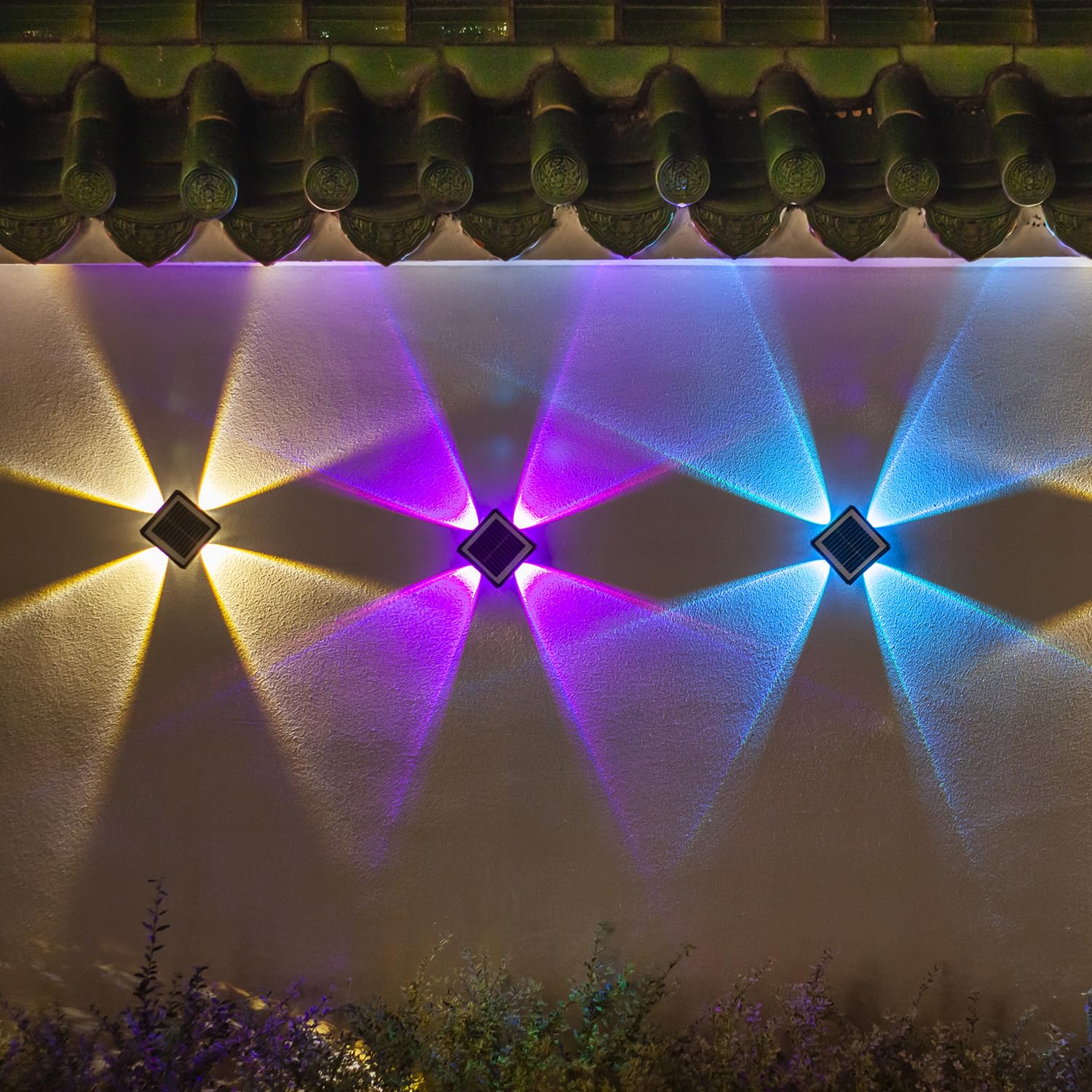 Luces solares de pared para exteriores, iluminación arriba y abajo, impermeable IP65, luz de valla para patio, jardín, garaje, piscinas, cubierta (4 LED, multicolor, paquete de 2)