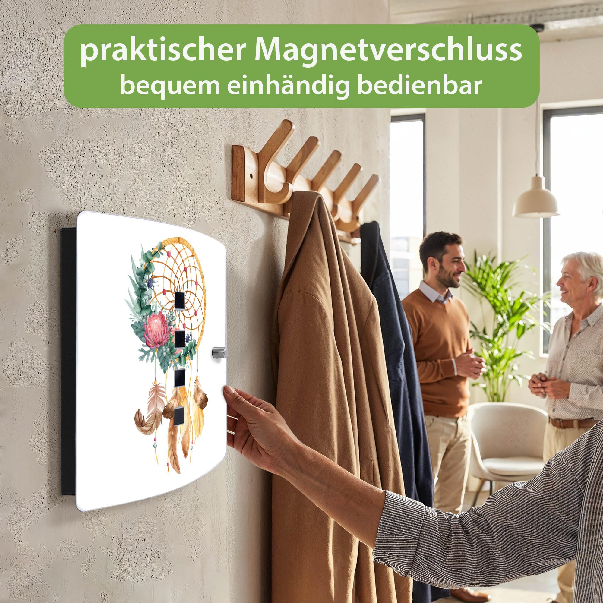 banjado Design Schlüsselkasten aus Edelstahl für 10 Schlüssel - Schlüsselschrank zur Schlüssel Aufbewahrung 24 x 21,5 x 7cm groß mit praktischem Magnetverschluss - Motiv Traumfänger Federn und Blumen