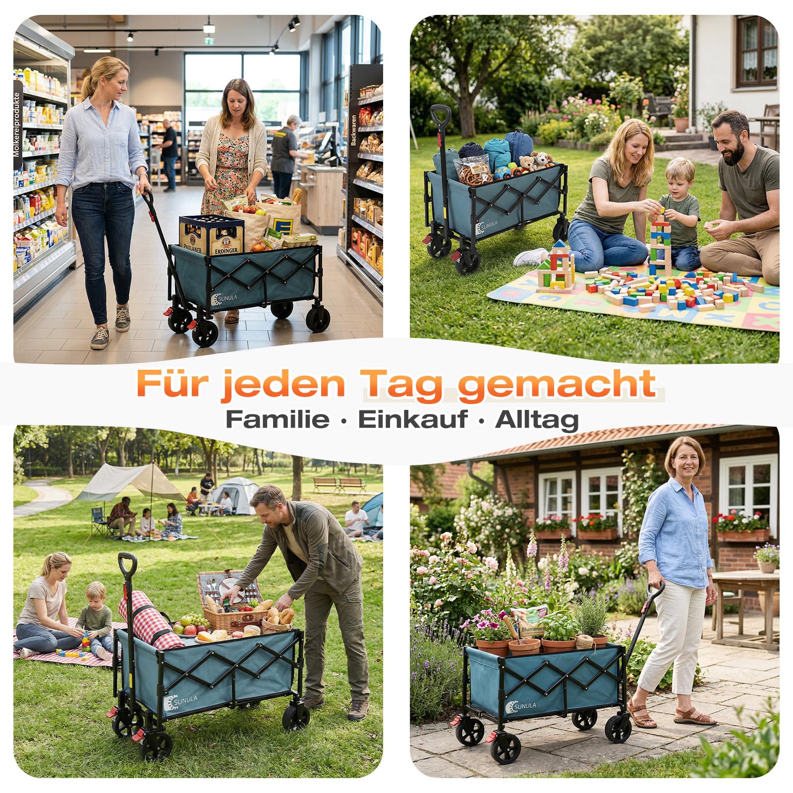 SUNULA Bollerwagen Faltbar Klein 80L, Handwagen Geländegängig mit Bremsen | Leichter Faltbollerwagen mit halbiertem Eigengewicht, Faltbarer Handwagen 100KG, ideal für Einkauf, Camping, Garten, Blau
