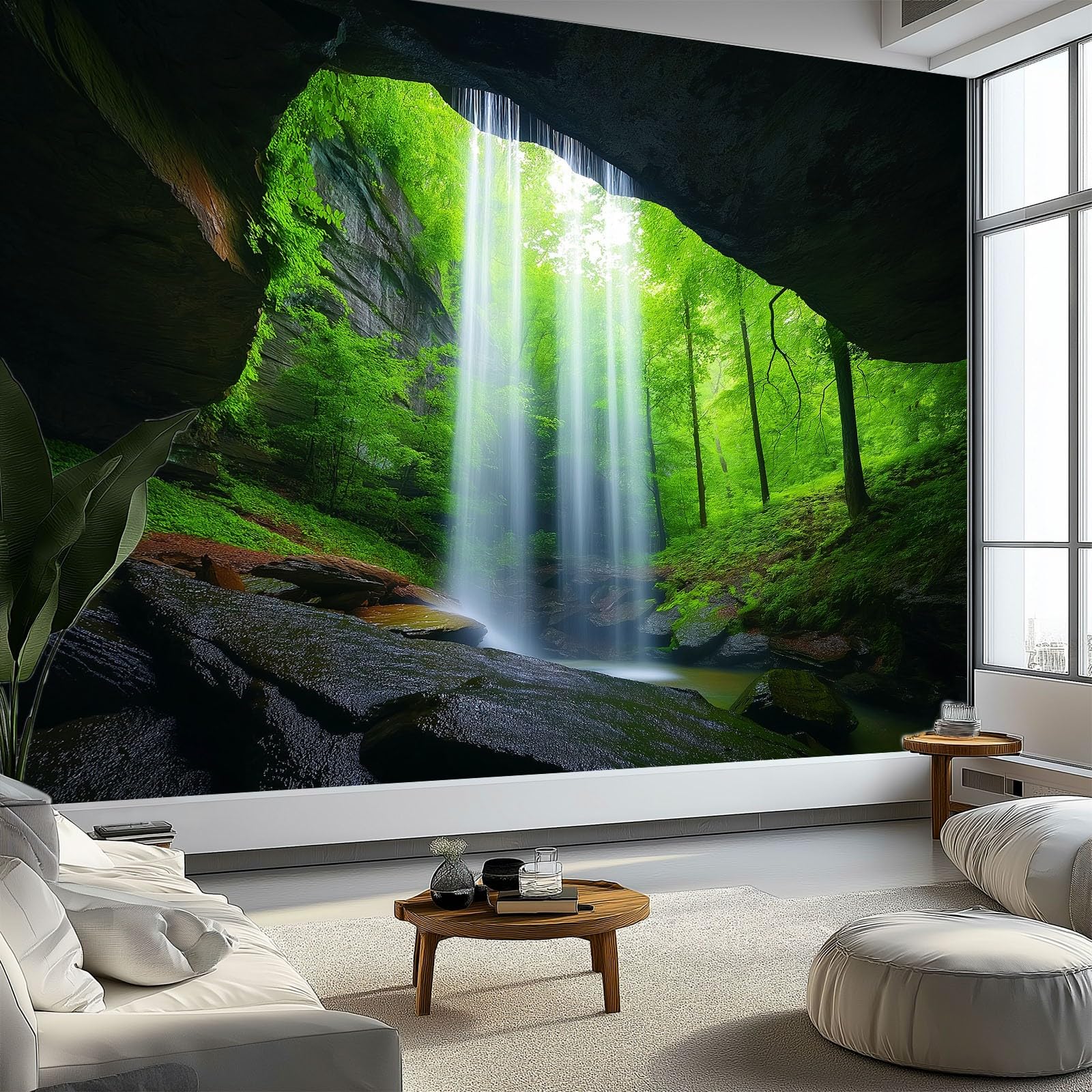 Papier peint forêt cascade panoramique 250x175 cm vert intissé salon