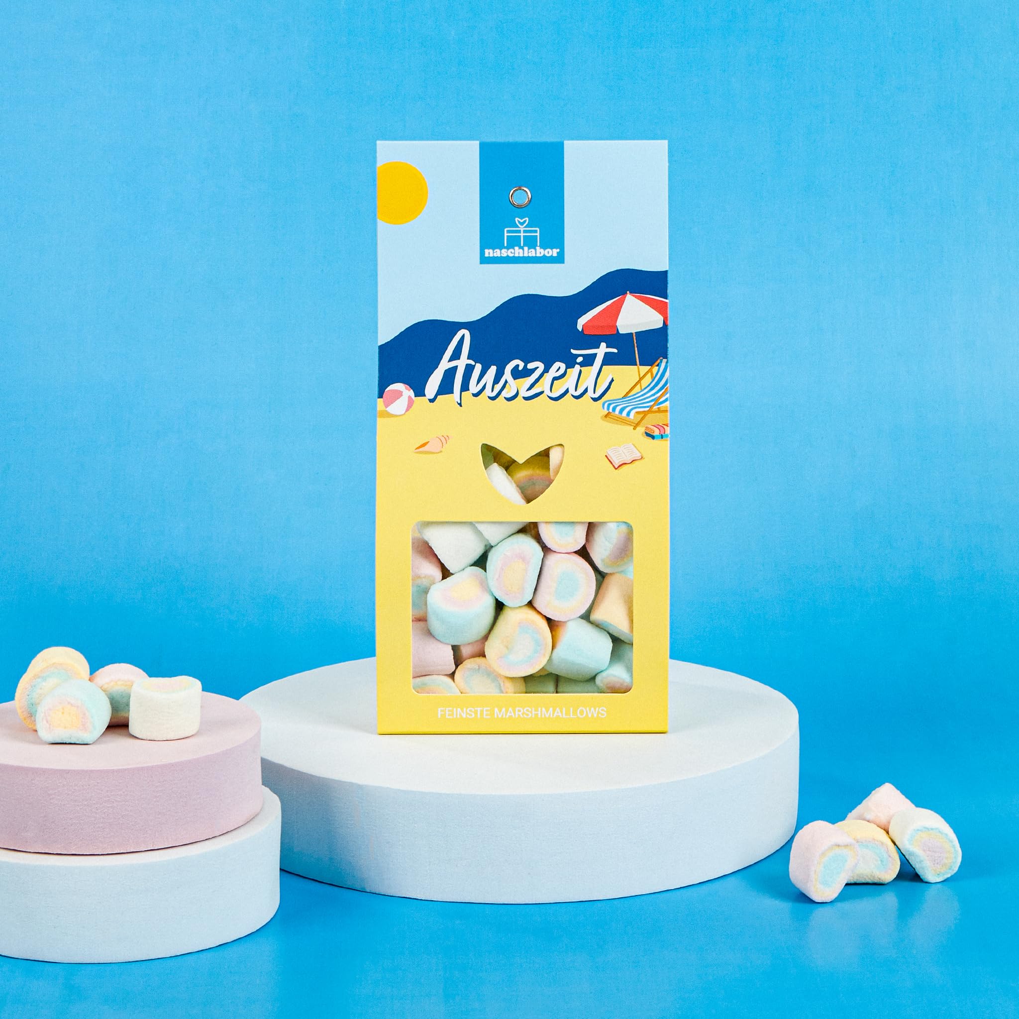 Auszeit Marshmallows 90g | Bunte, luftige Marshmallows mit Vanille-Geschmack | Sommerliches Geschenk für Entspannung & Genuss | Süße Auszeit für Strand- und Urlaubsgefühle