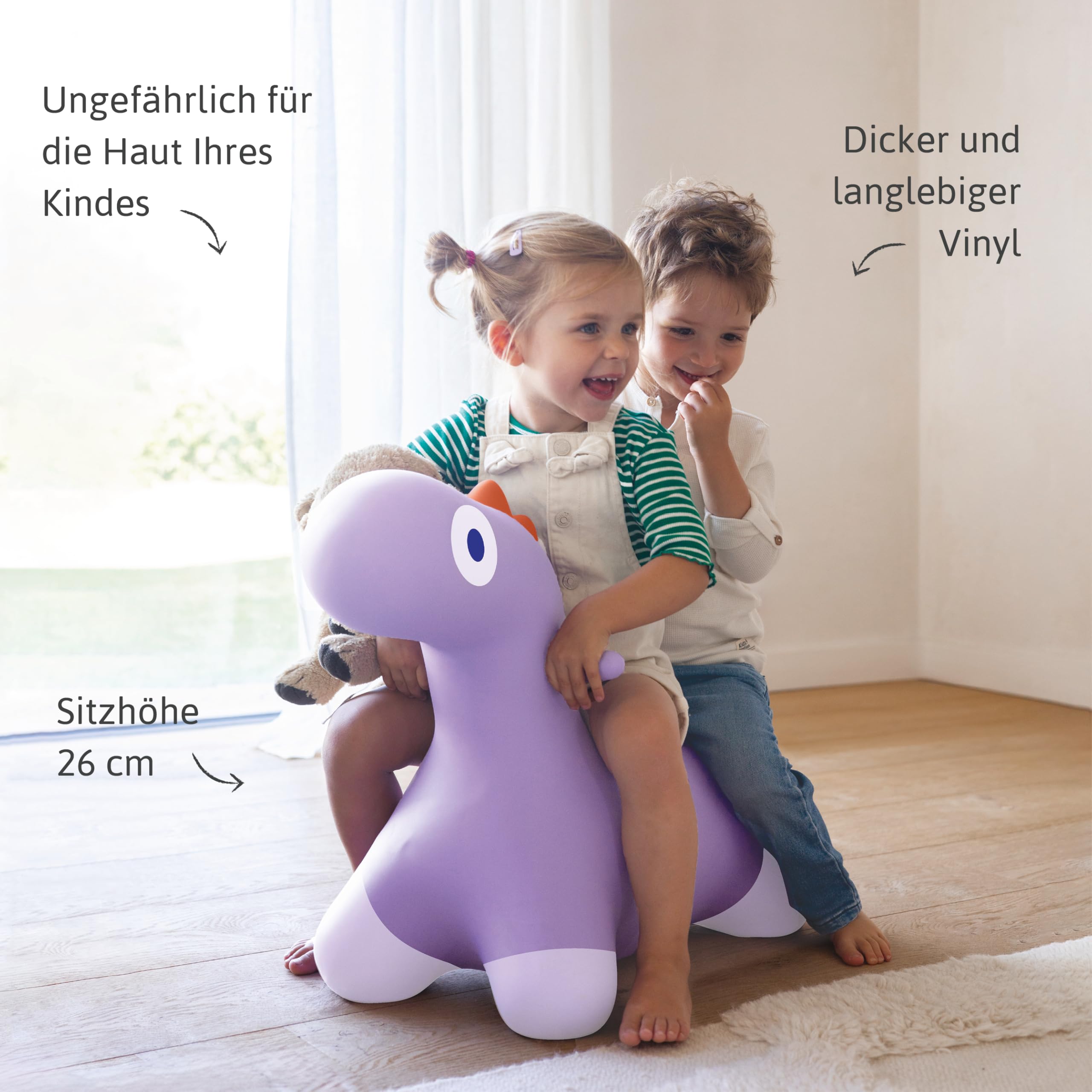 Quut Hoppi Dino Springen – Aufblasbares Gartenspielzeug für Kinder – Robustes Spielzeug für Draußen und Drinnen ab 18 Monaten (Lavendel) – Inklusive Pumpe