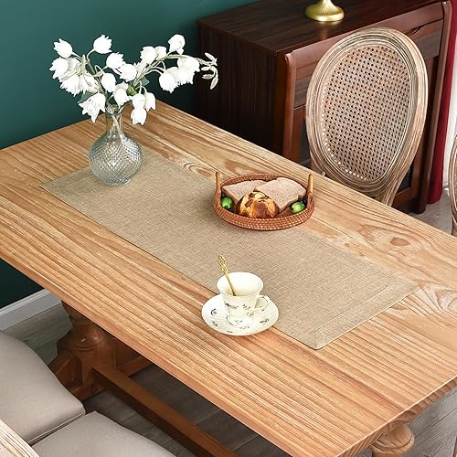 NEWISHER Camino de mesa rústico de granja, color café claro, rectangular, camino de mesa de lino sintético para uso diario, cocina, comedor, mesa de