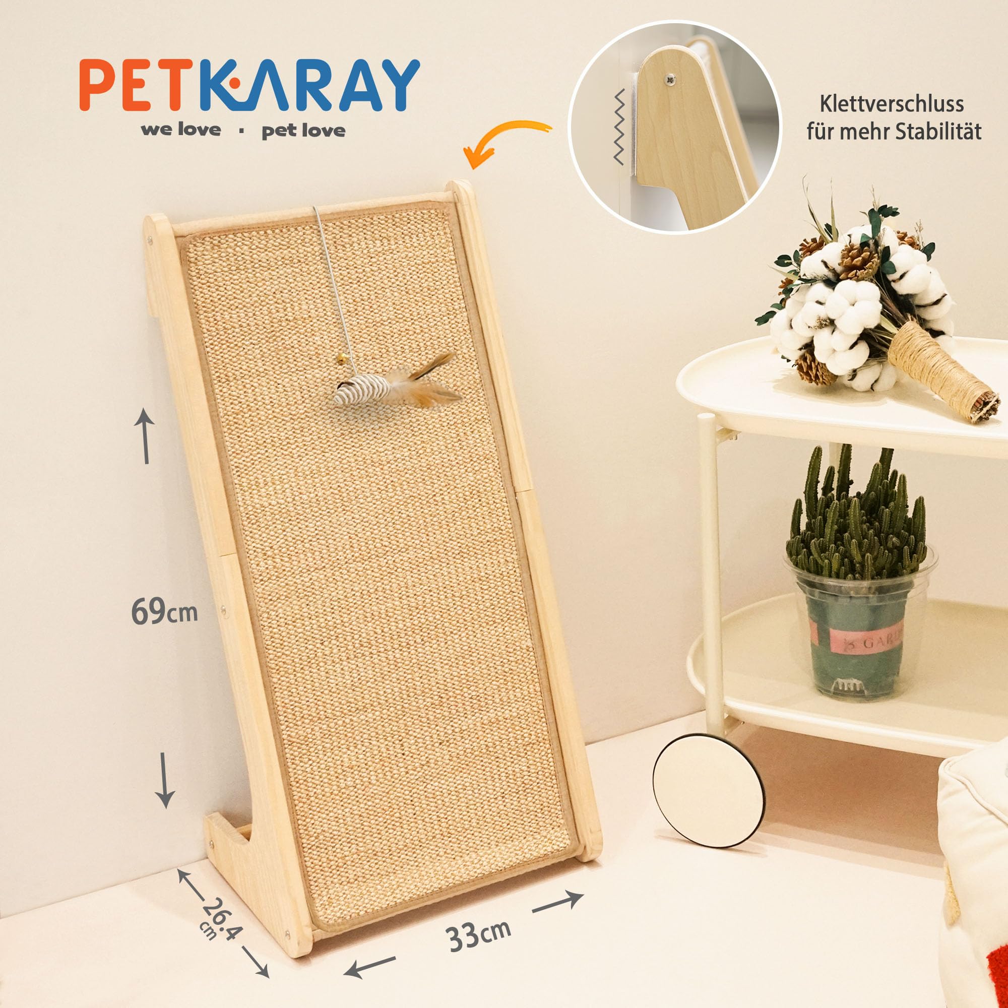 PETKARAY Dual-Use Kratzbrett Katze, 68 cm Hohe L-förmiger Sisal Kratzsäule, Kratzpads für Katzen, Katzenkratzbrett für Wand und Ecke (Mit Katzenminze, Mausspielzeug)