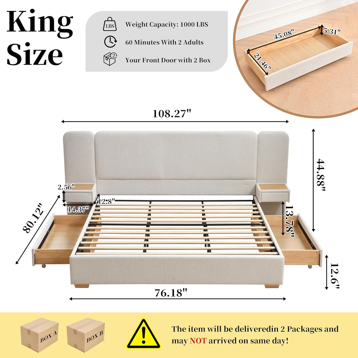 King Size Platform Bed Frame with 2 Built-in Nightstands, Wood Bed Frame with 2 Storage Drawers, Luxury Bed Frame with Chenille Upholstered Headboard, Easy Assembly, No Box Spring Needed, Cream