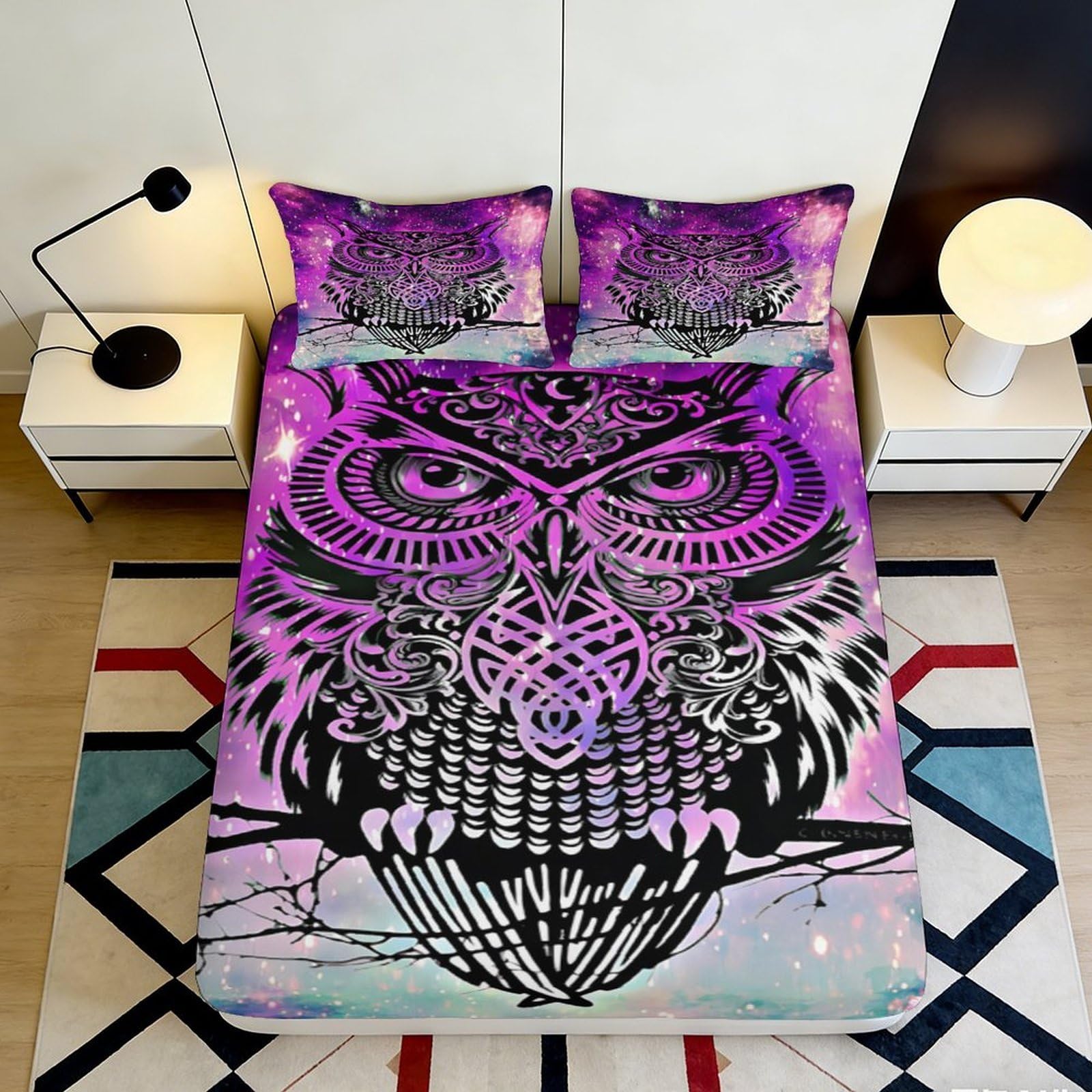 3D Printed Purple Owl Galaxy Fitted Sheet Microfiber Soft Breathable Cosmic Mattress Cover for Bedroom Dormitory Guest Room Mattress Protection Decor 160x200x25cm