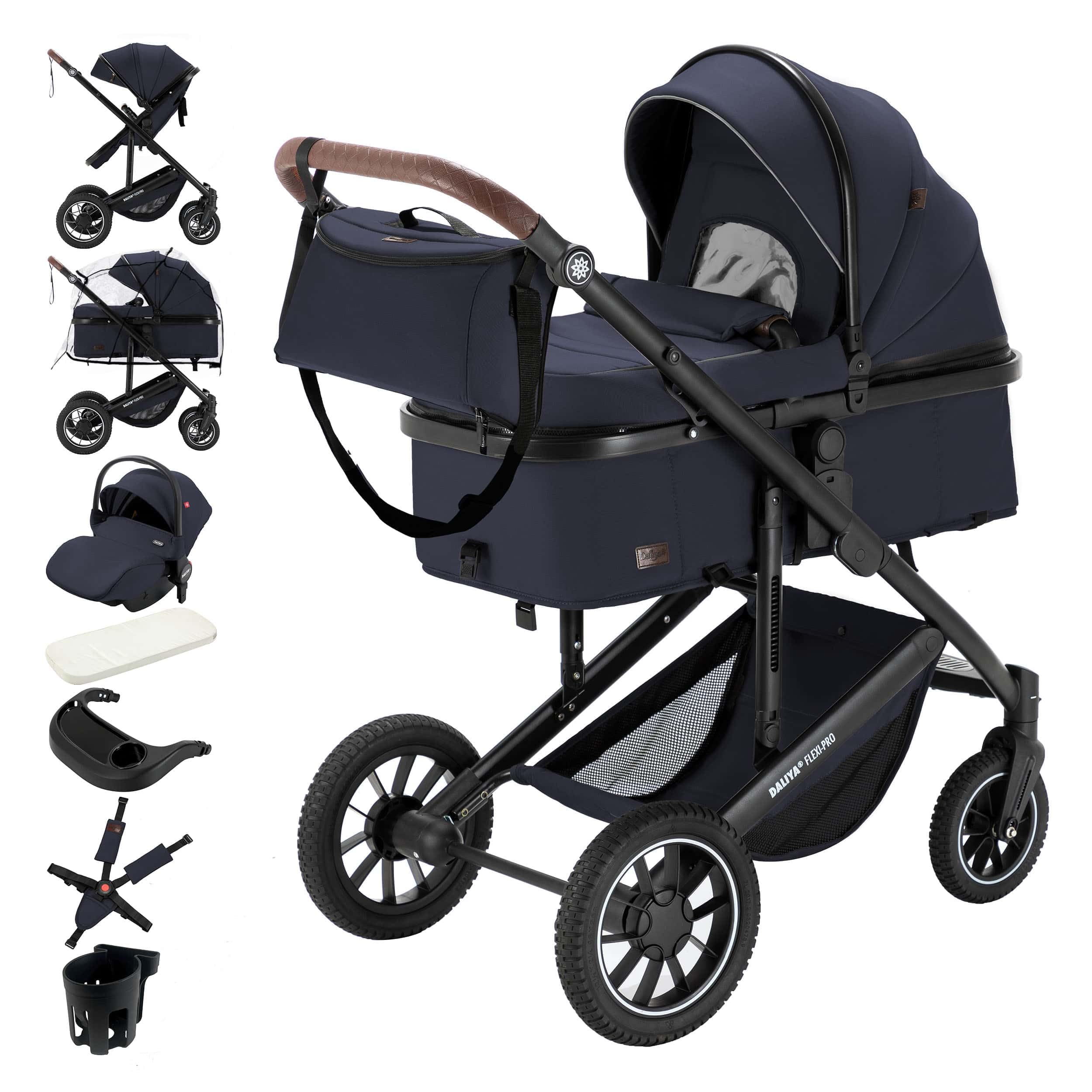 Daliya® FLEXI-PRO M 3in1 Kinderwagen & Buggy mit i-Size Babyschale, Viel Zubehör (Blau-Grau)