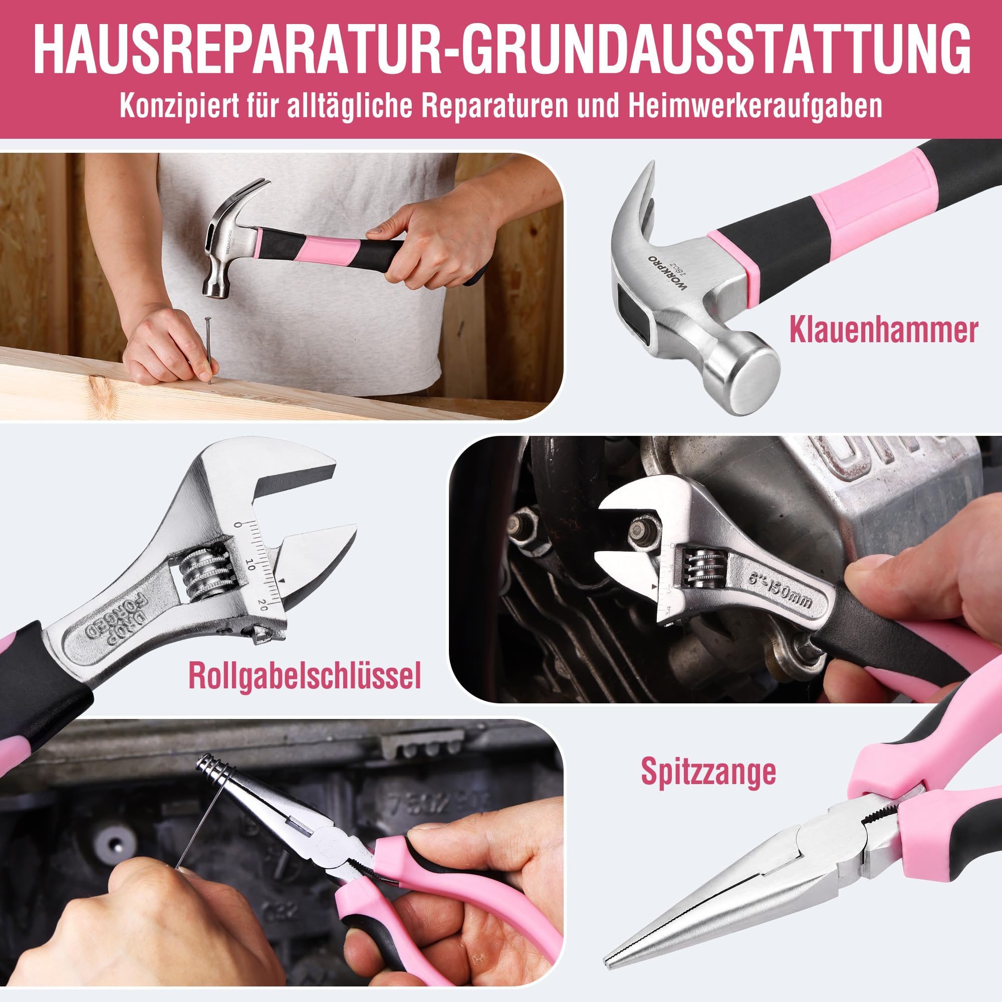 WORKPRO Pink Werkzeug Set Rosa 103 teilig Haushalts-Werkzeugsatz Reparatur mit Tasche, Ideal Geschenk für DIY Handwerker