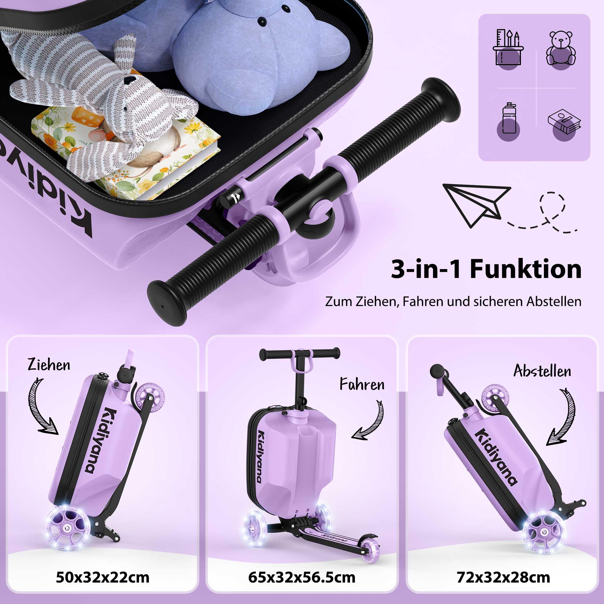 Kinder Scooter mit Koffer, Handgepäck Koffer mit Roller, LED-Rädern, Höhenverstellbarer Lenker, A5 Sichtfenster, 7cm Stauraumerweiterung, Kleinkind Geschenk für 2–8 Jahre, Bis 50kg, Lila
