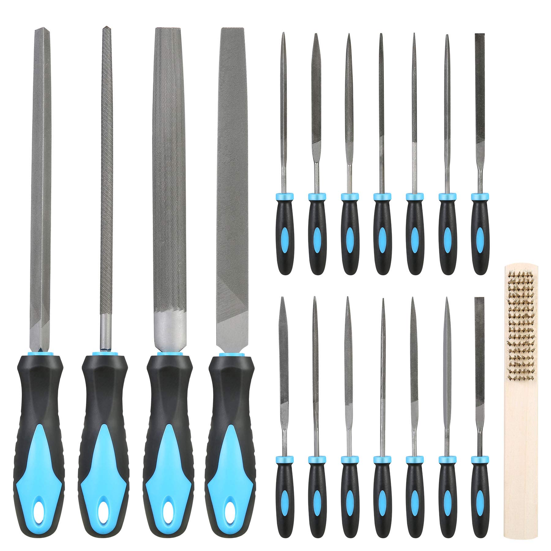 19PCS File Set,Merkisa T12 Metal File Handles,File Tools for Wood metalwork with Carry Case,Includes 4PCS Flat/Triangle/Half-Round/Round Large File and 14PCS Needle File and ONE Scrath Brush