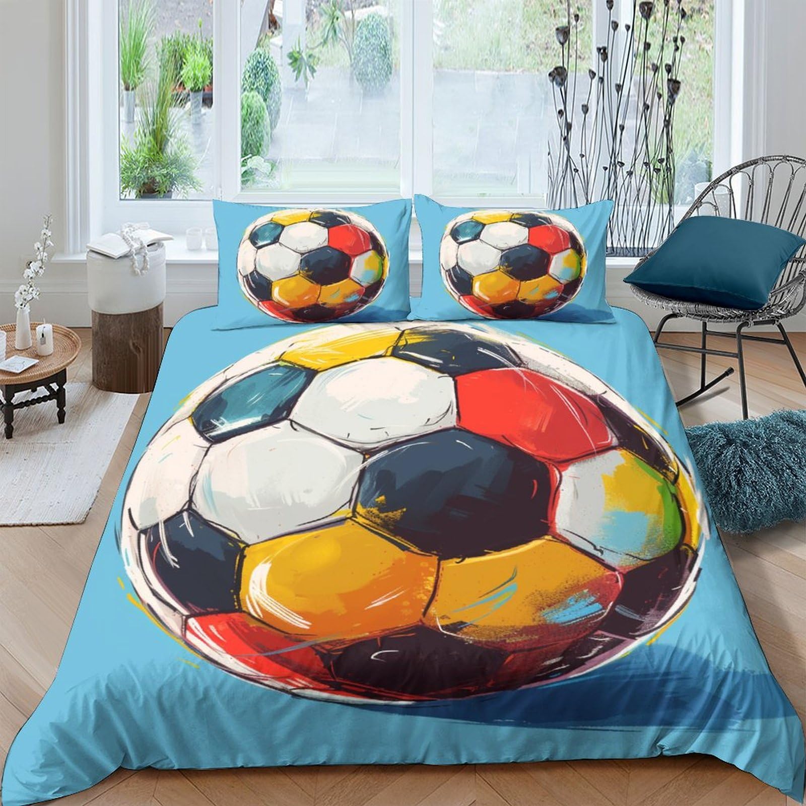 Housse de couette football 200x200 cm avec taies d'oreiller pour lit double