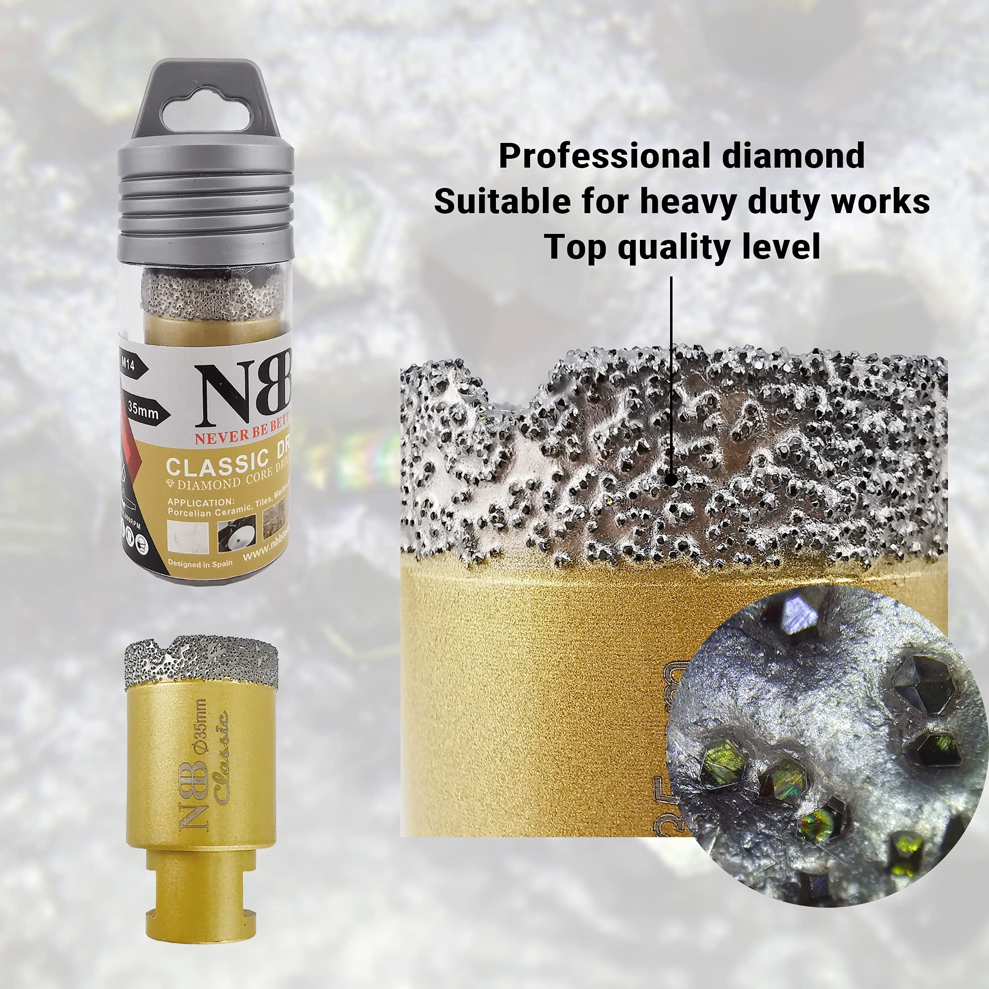 NBB Punta a tazza diamantata con M14, tipo Classico d'Oro,punta diamantata per foratura a secco o ad umido su ceramica,piastrelle,granito,marmo,veloce,durevole, per smerigliatrice angolare (1, 35mm)