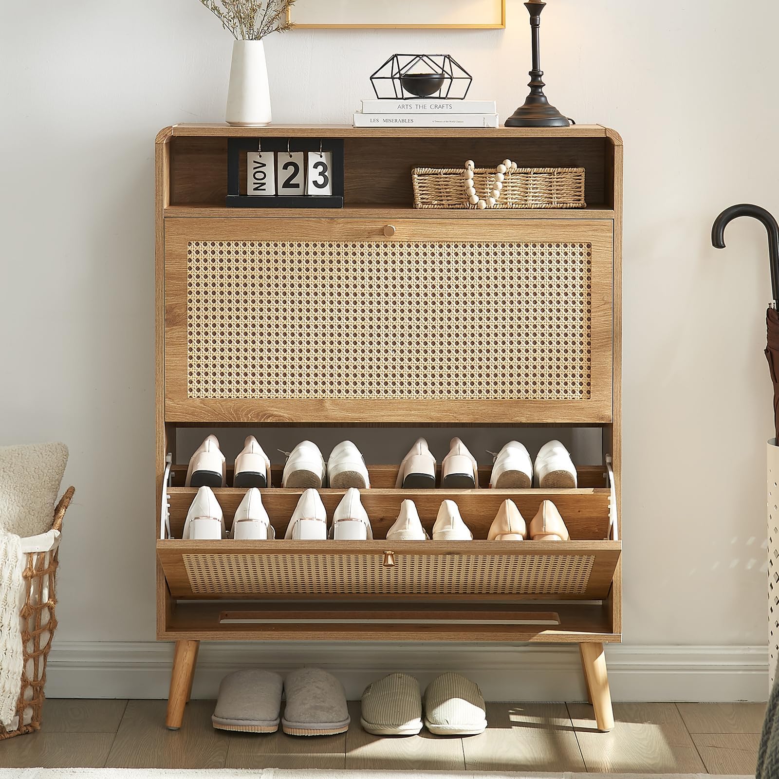 Rattan Shoe Cabinet with 2 Flip Drawers, 16 Pairs Narrow Shoe Storage Cabinet for Entryway Freestanding Hidden Shoe Rack, Modern Slim Wood Shoe Organizer for Hallway, Natural