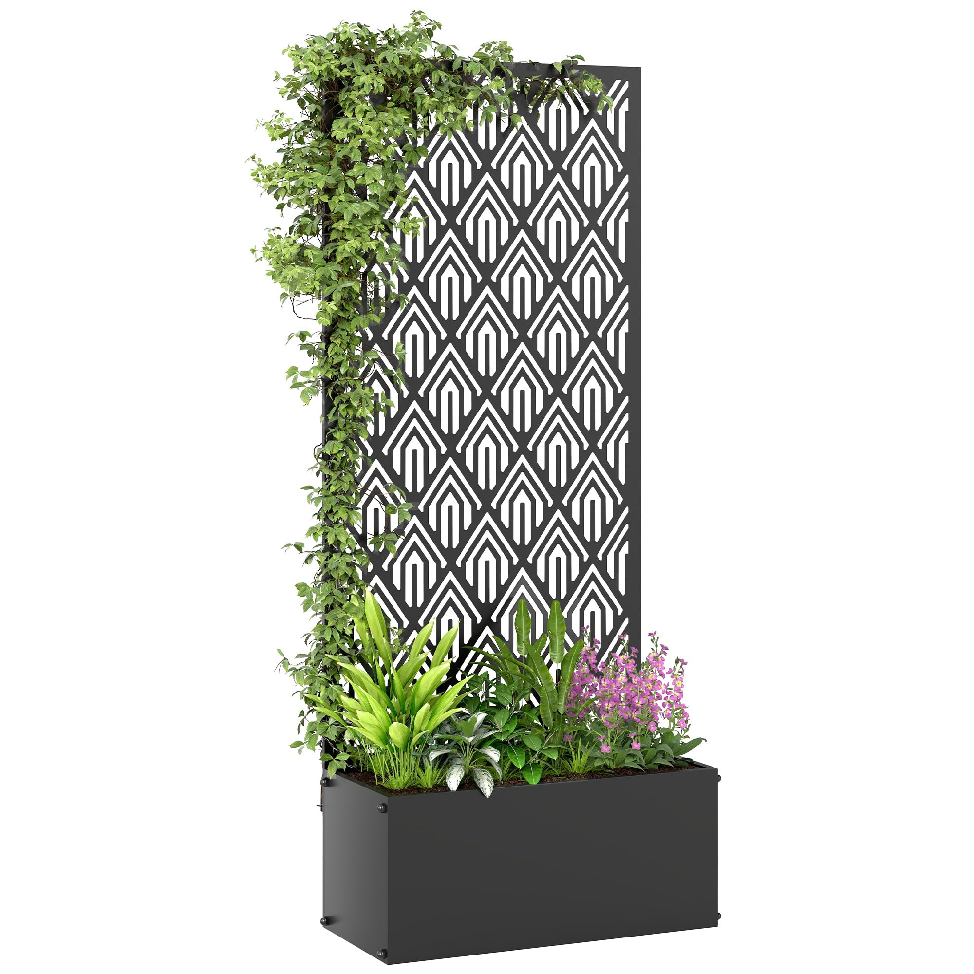 Outsunny Jardinière avec Treillis, bac à Fleurs, lit surélevé avec Brise-Vue, à Motif géométrique, pour Plantes grimpantes, légumes, Fleurs, métal, intérieur et extérieur, 45x21,5x110cm, Noir