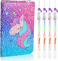 Vista 15 de Outus Juego de diario de lentejuelas para niñas con 4 bolígrafos de tinta de gel de color, diario reversible, cuaderno de lentejuelas con purpurina