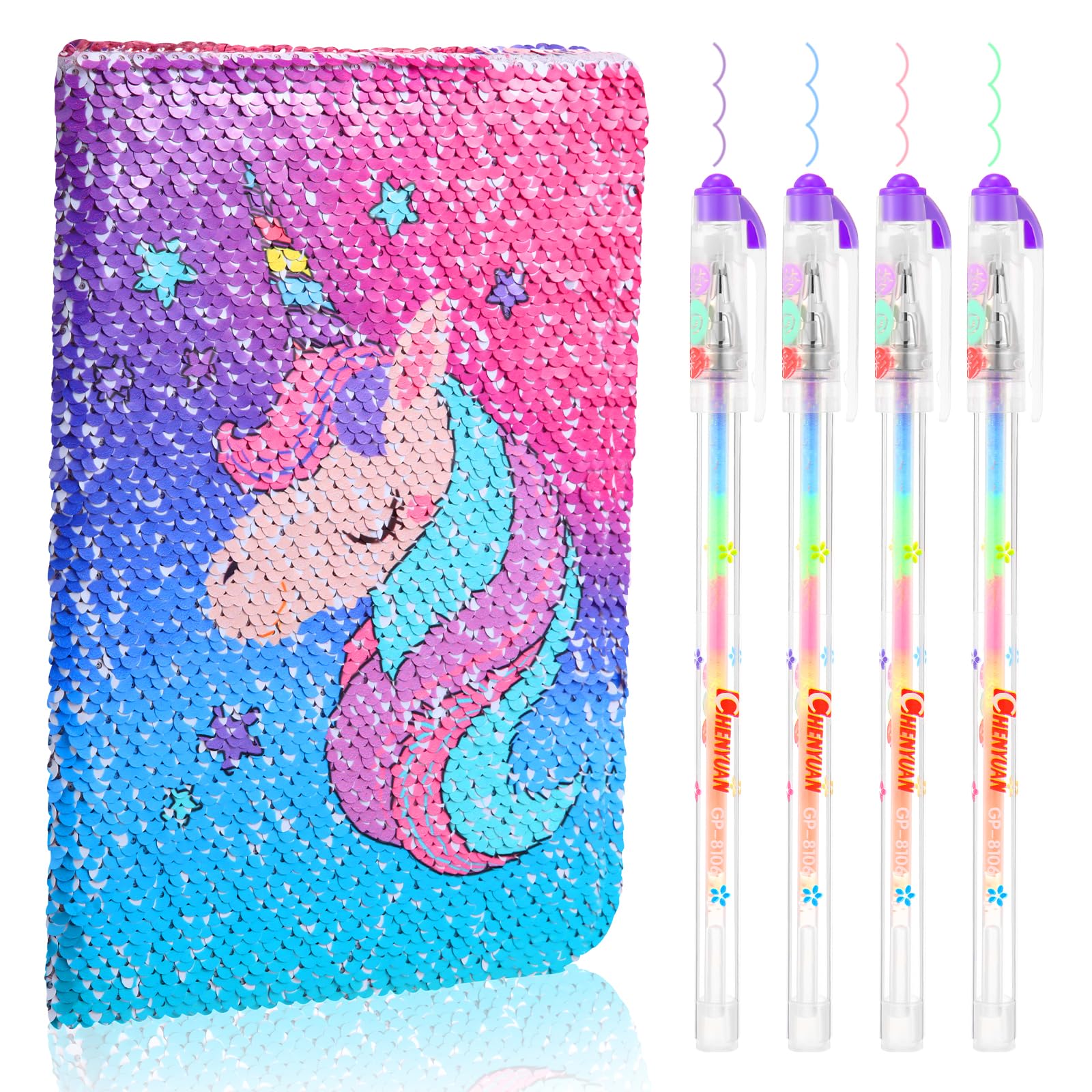 Outus 4 Pcs Sequin Notebook Christmas Journal Gift, Gradient Pink, Unicorn