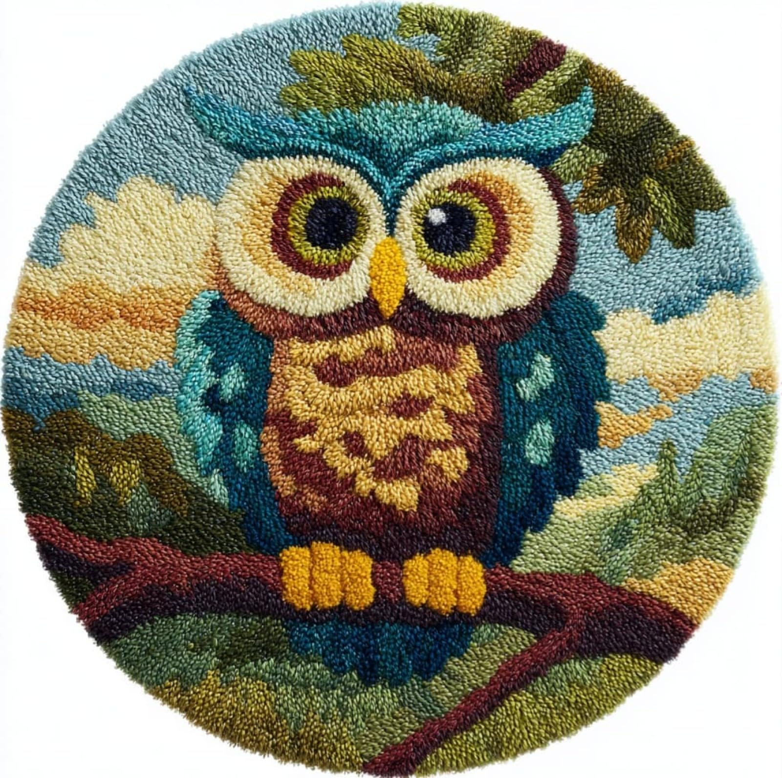 WallustrioaW Beginner Small Size Latch Hook Kits,Owl on a Branch,Yarn Rug Kits Making,Mat,Craft Kits with Printed Canvas for Starter Kids Adult,50x50cm