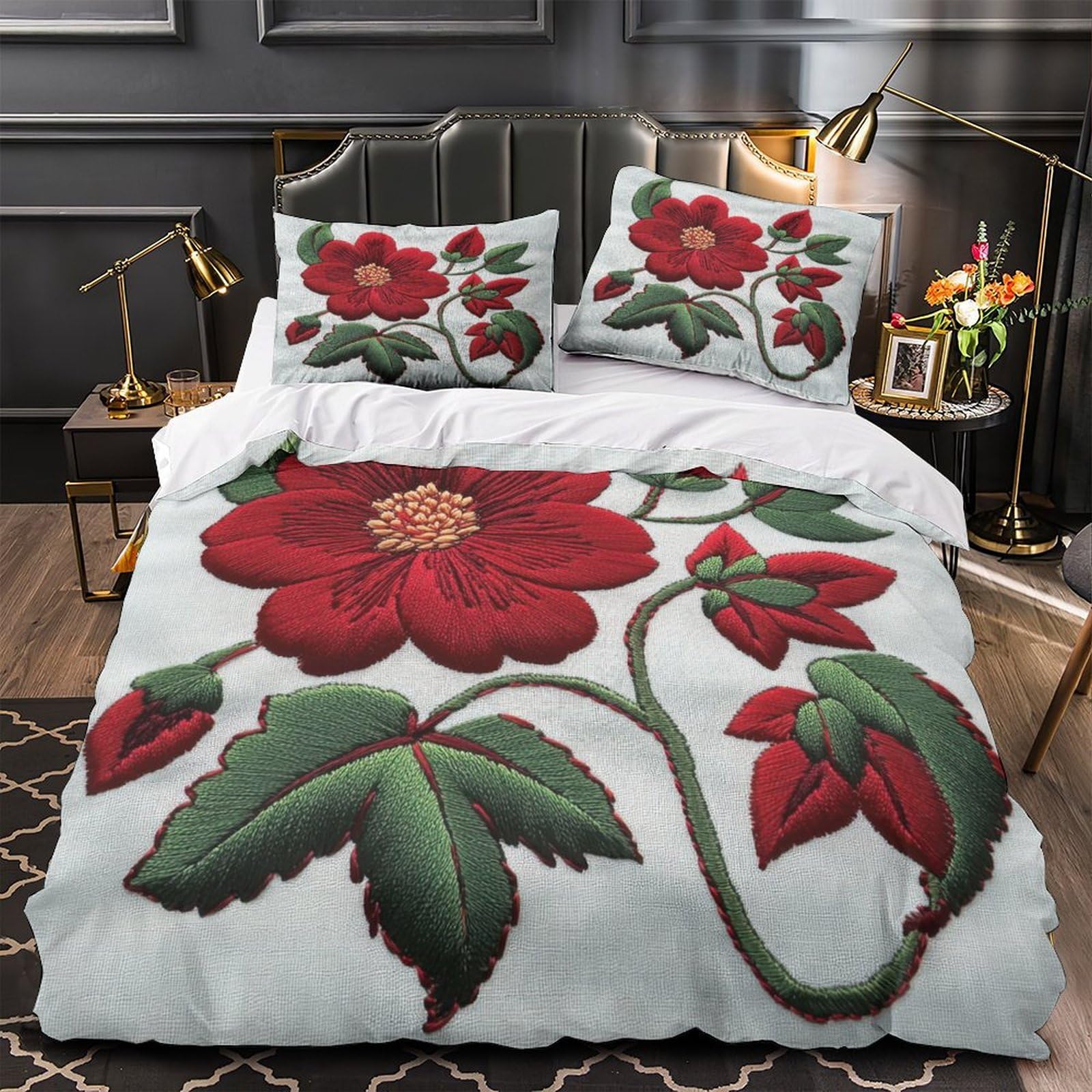 Parure de lit imprimé en 3D broderie florale rouge en microfibre