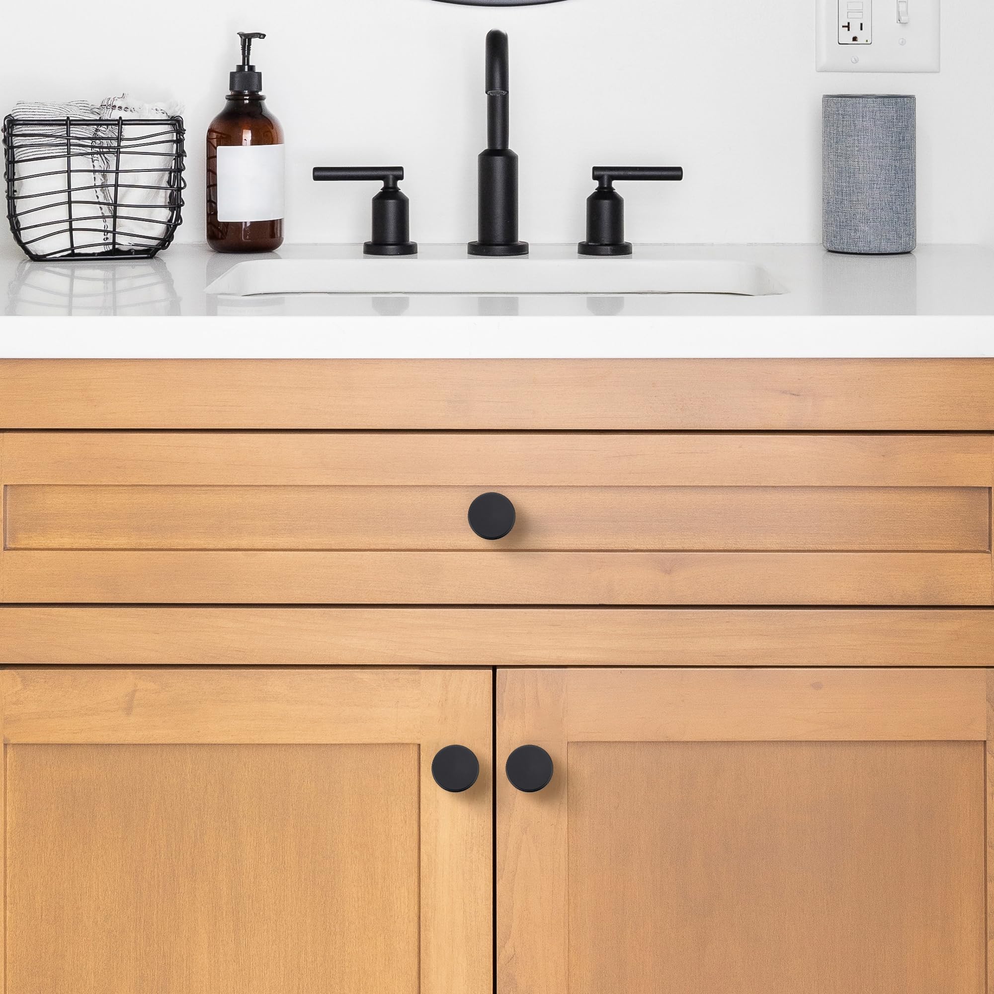 JOY DECOR Lot de 25 boutons de placard de cuisine noirs mats moletés ronds solides à trou unique pour meubles, commodes, poignées noires