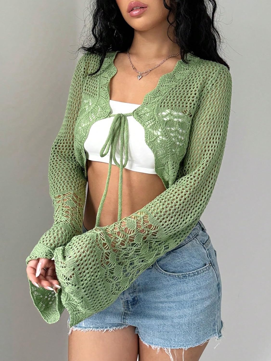 SISKIN Crochet Tie Front Cardigan Boho Bolero Shrug Bell Sleeve Cropped Knit Sweater for Women Summer