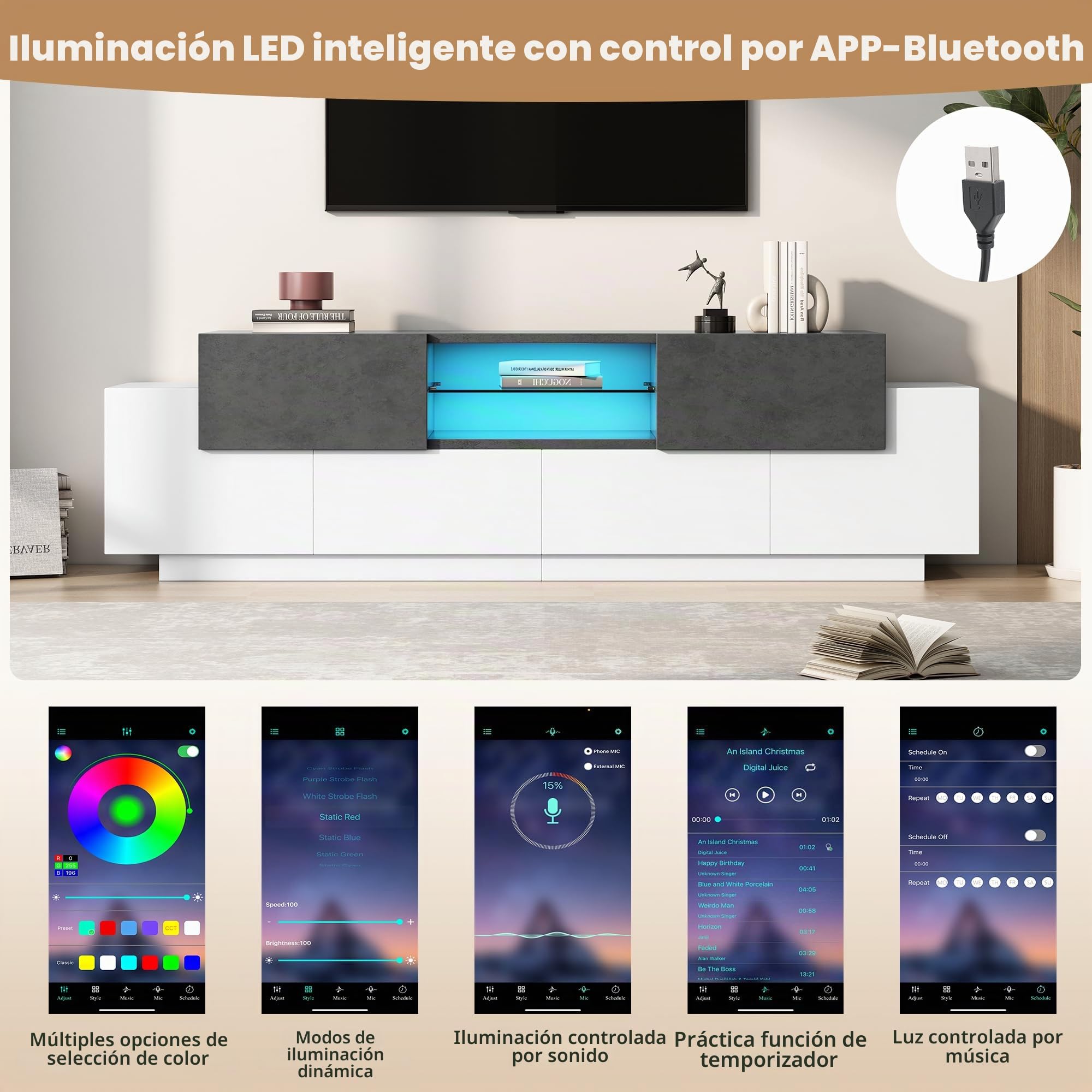LAKFEW Mueble TV 180 cm de hasta 80 Pulgadas, Muebles TV con Iluminación LED y 2 Cajones, Mueble Television con con Estante y 4 gabinetes, Muebles de Salon, Blanco+Gris
